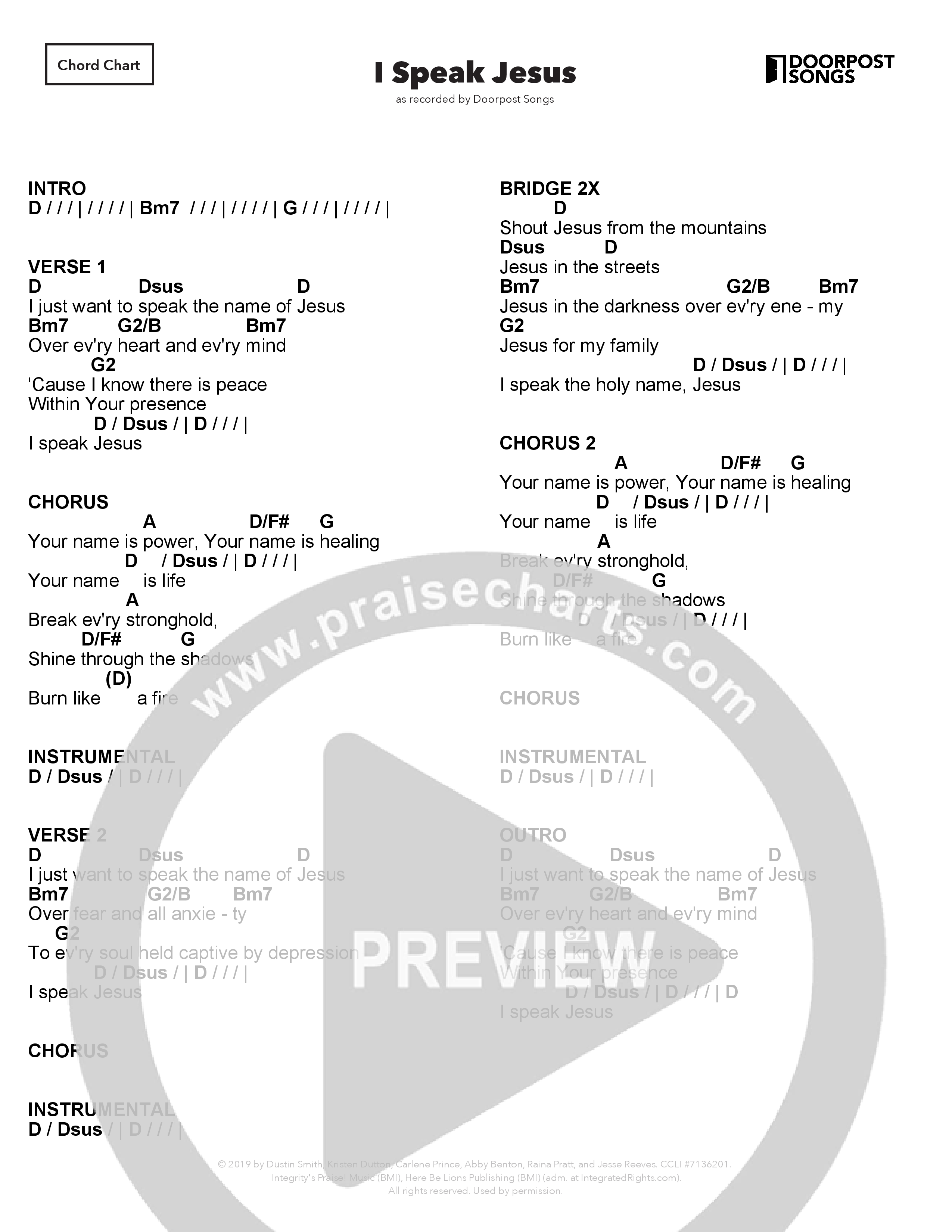 I Speak Jesus (Kids) Chord Chart (Doorpost Songs / Dave and Jess Ray)