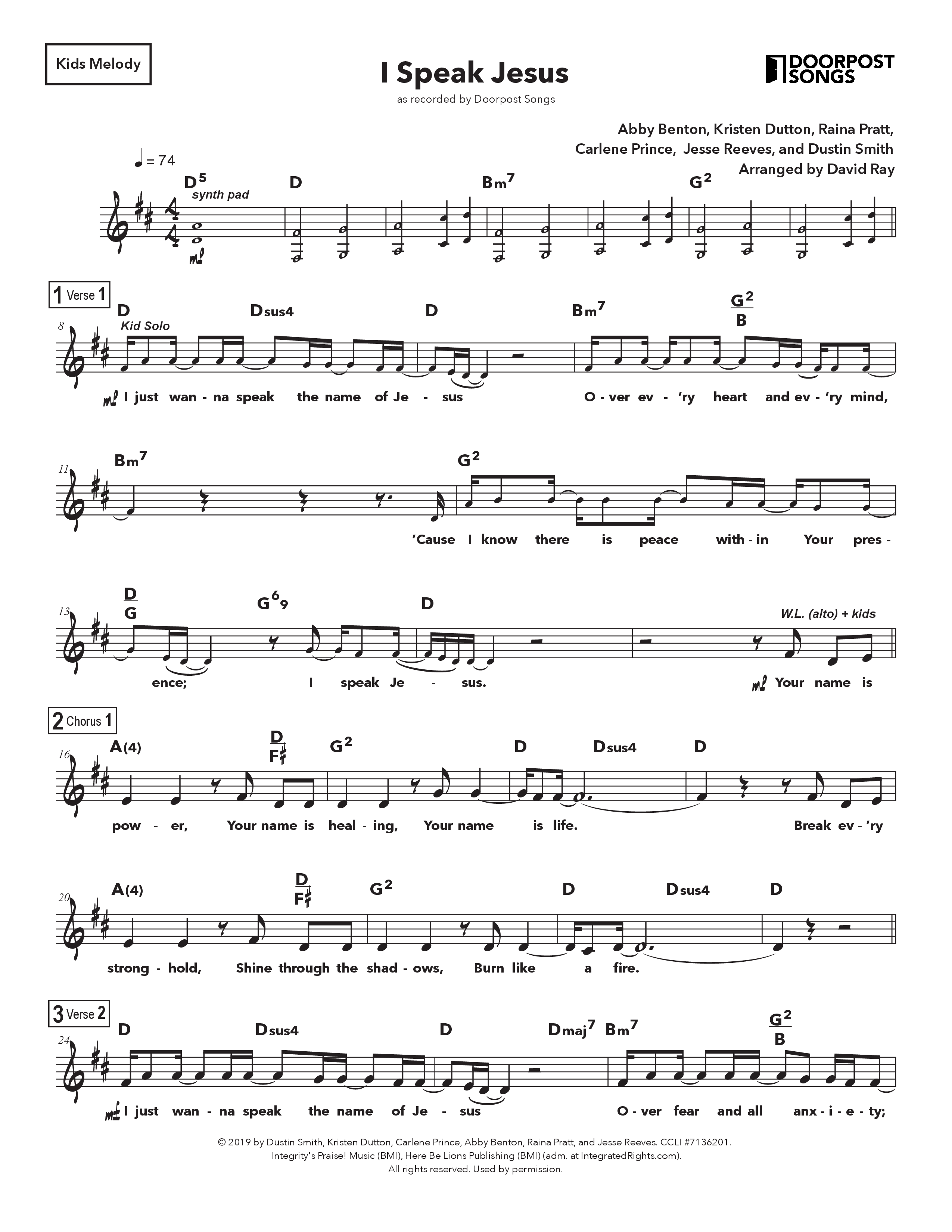 I Speak Jesus (Kids) Lead Sheet Melody (Doorpost Kids Worship / Dave and Jess Ray)