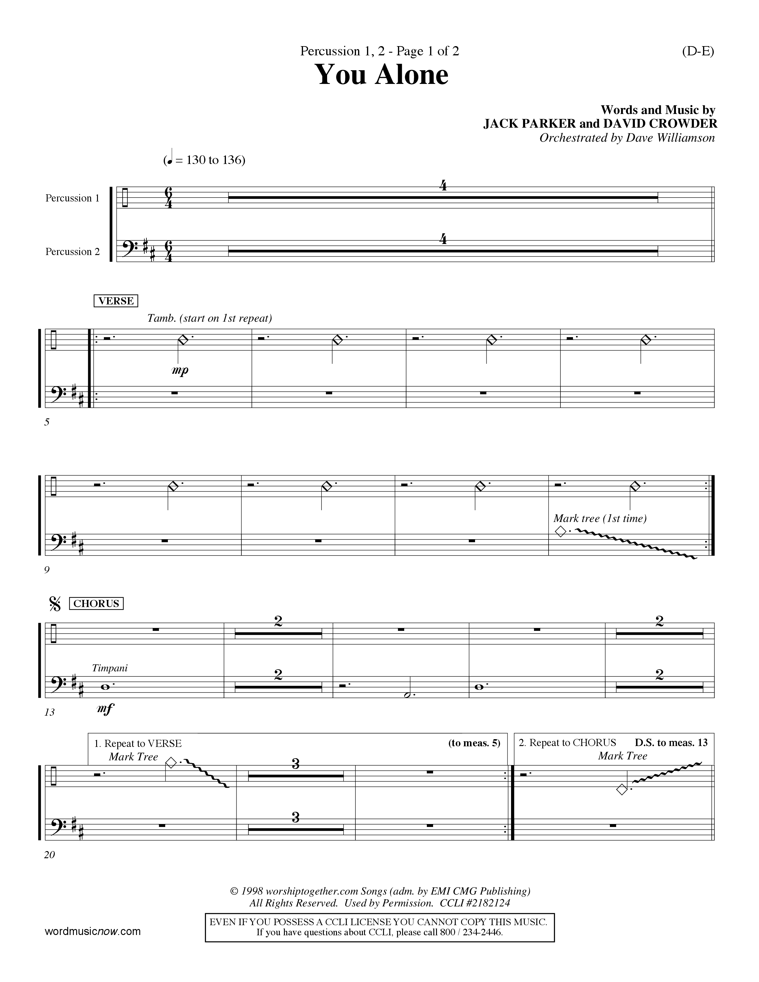 You Alone (Choral Anthem SATB) Percussion 1/2 (Word Music Choral / Orch. Dave Williamson)