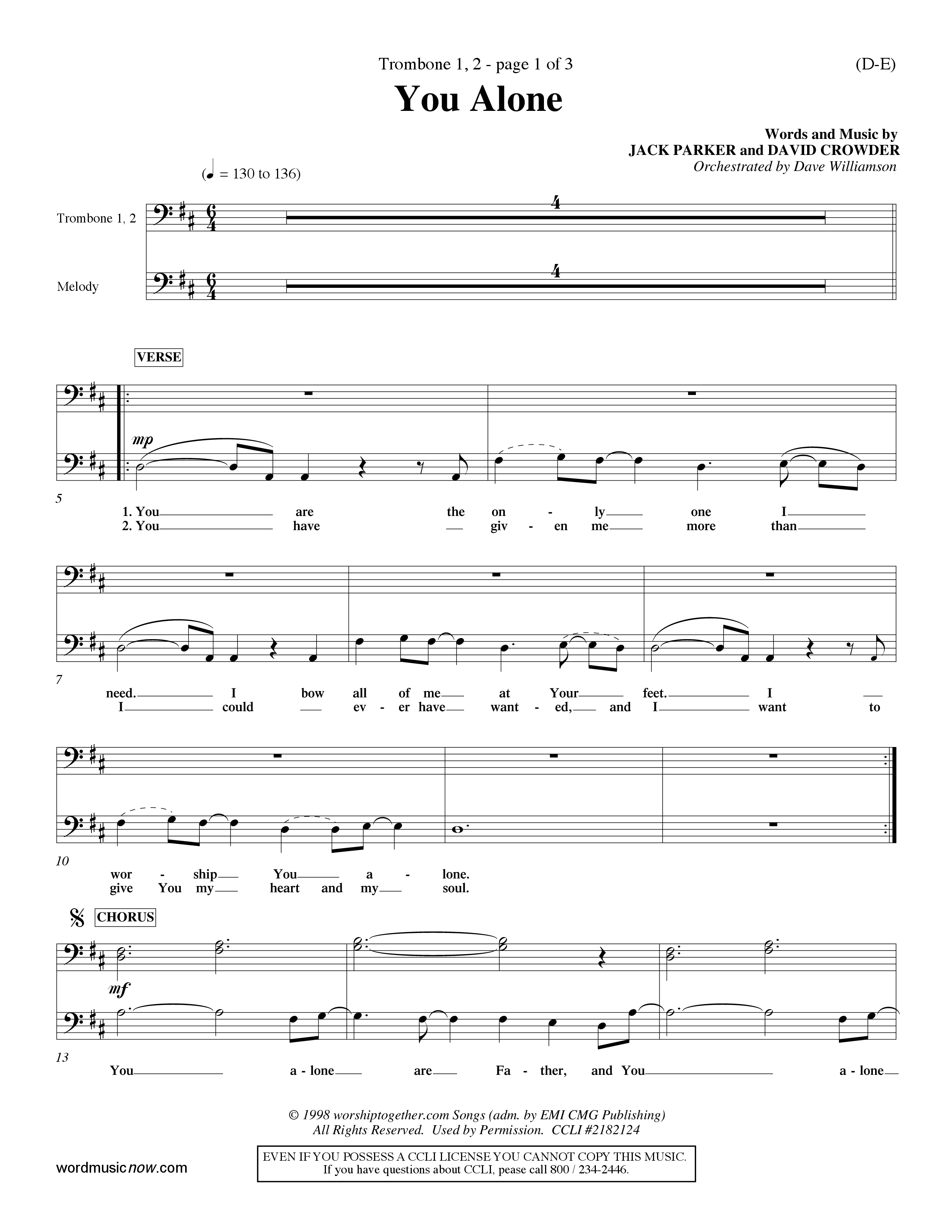 You Alone (Choral Anthem SATB) Trombone 1/2 (Word Music Choral / Orch. Dave Williamson)