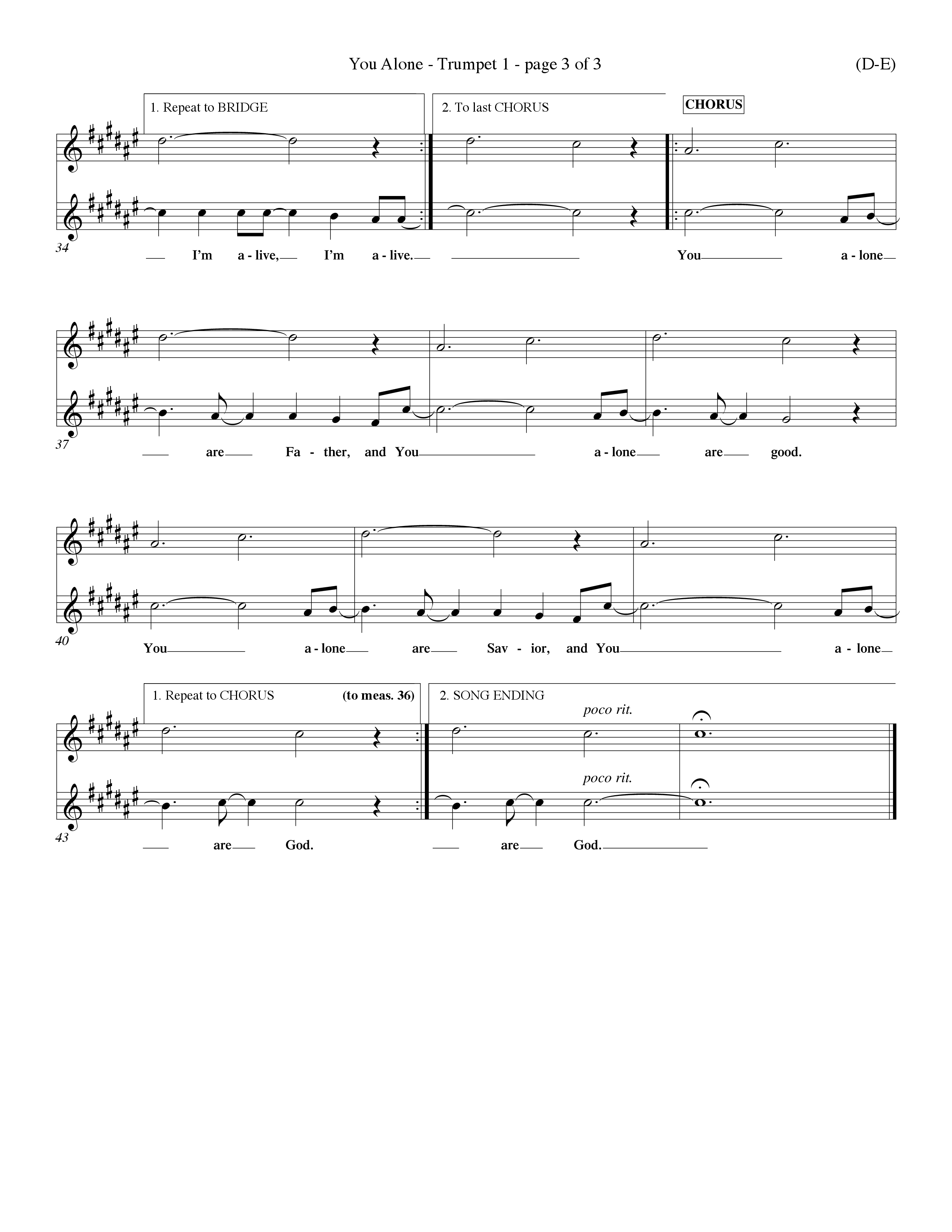 You Alone (Choral Anthem SATB) Trumpet 1 (Word Music Choral / Orch. Dave Williamson)