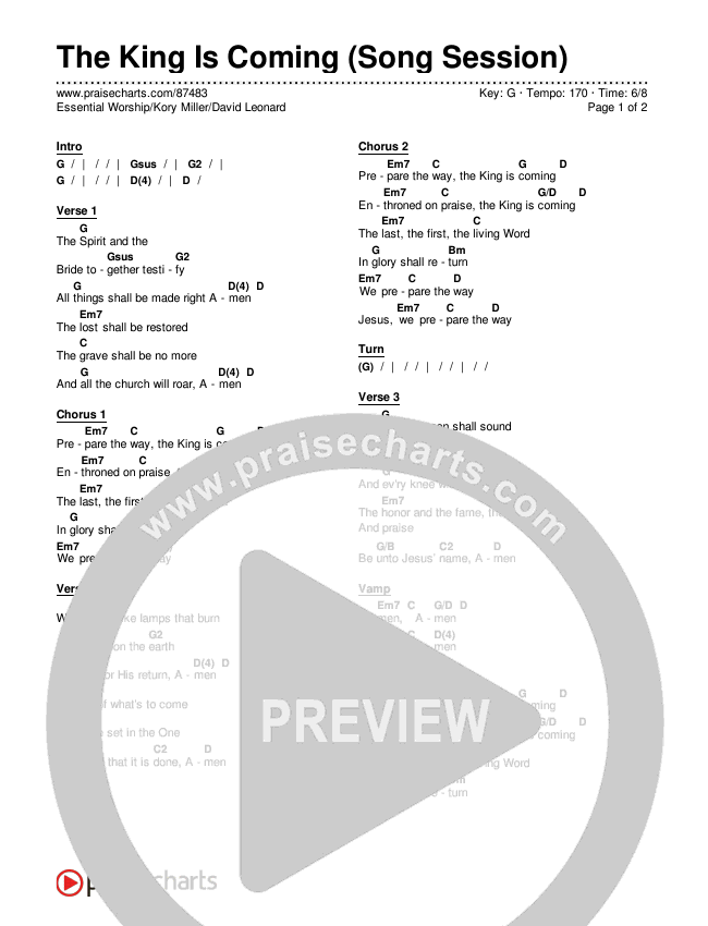 The King Is Coming (Song Session) Chords & Lyrics (Essential Worship / Kory Miller / David Leonard)