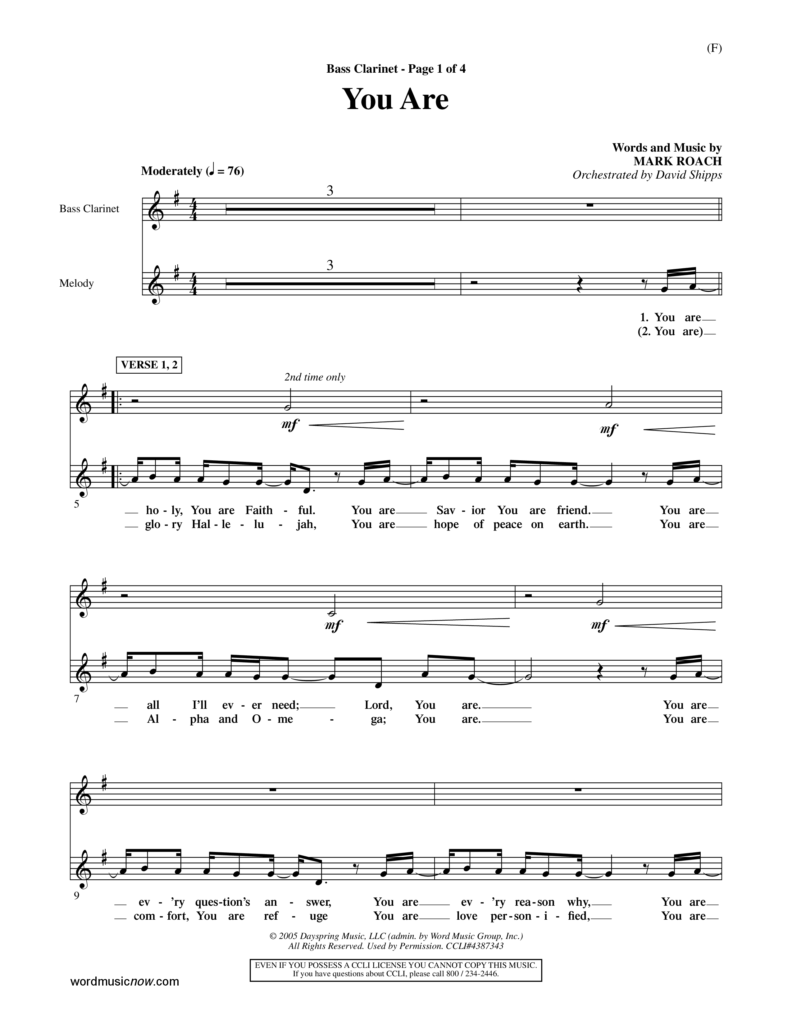 You Are (Choral Anthem SATB) Bass Clarinet (Word Music Choral / Orch. David Shipps)