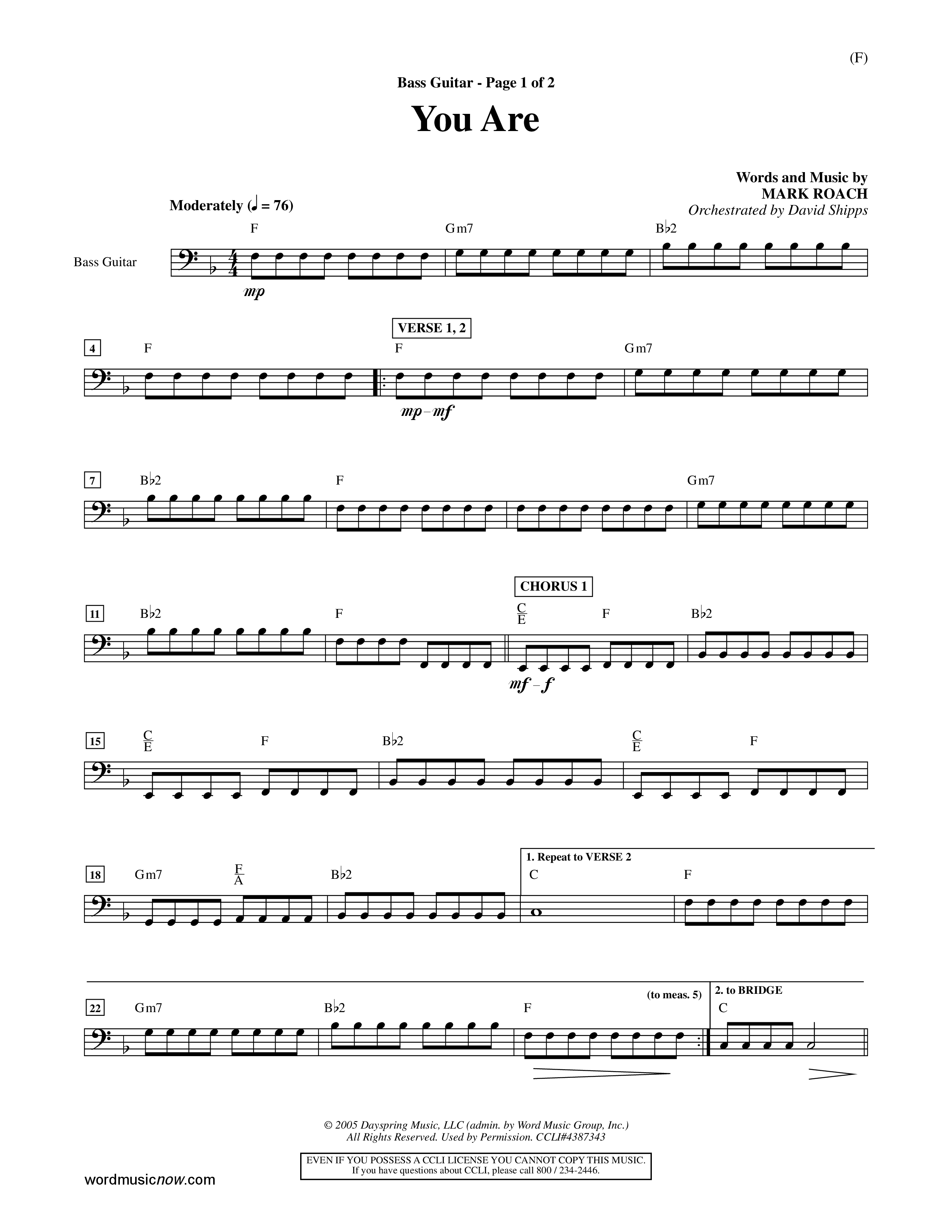 You Are (Choral Anthem SATB) Bass Guitar (Word Music Choral / Orch. David Shipps)