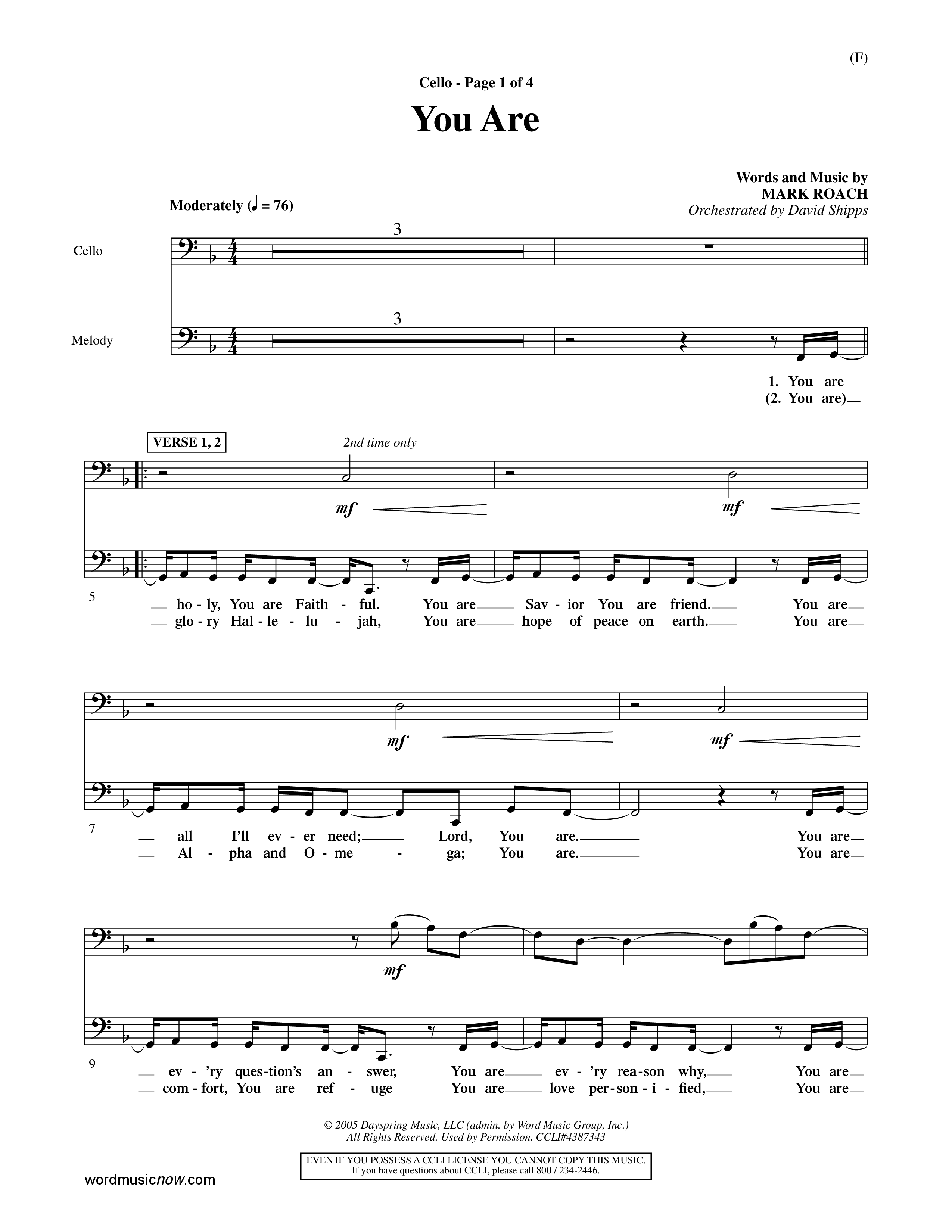 You Are (Choral Anthem SATB) Cello (Word Music Choral / Orch. David Shipps)