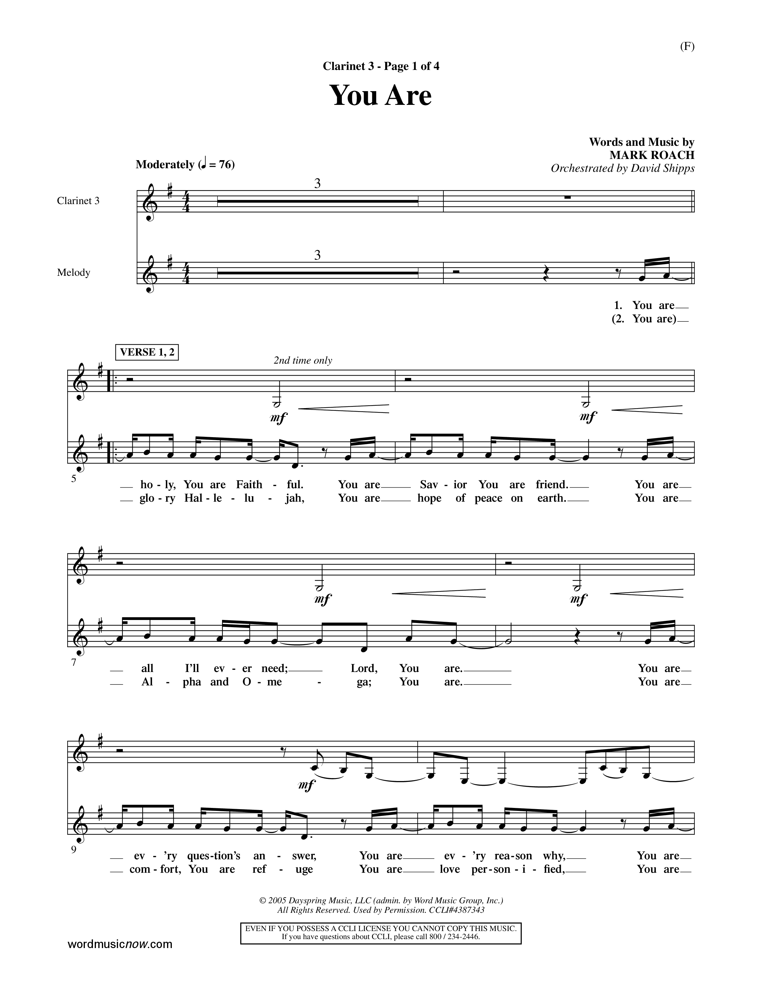 You Are (Choral Anthem SATB) Clarinet 3 (Word Music Choral / Orch. David Shipps)