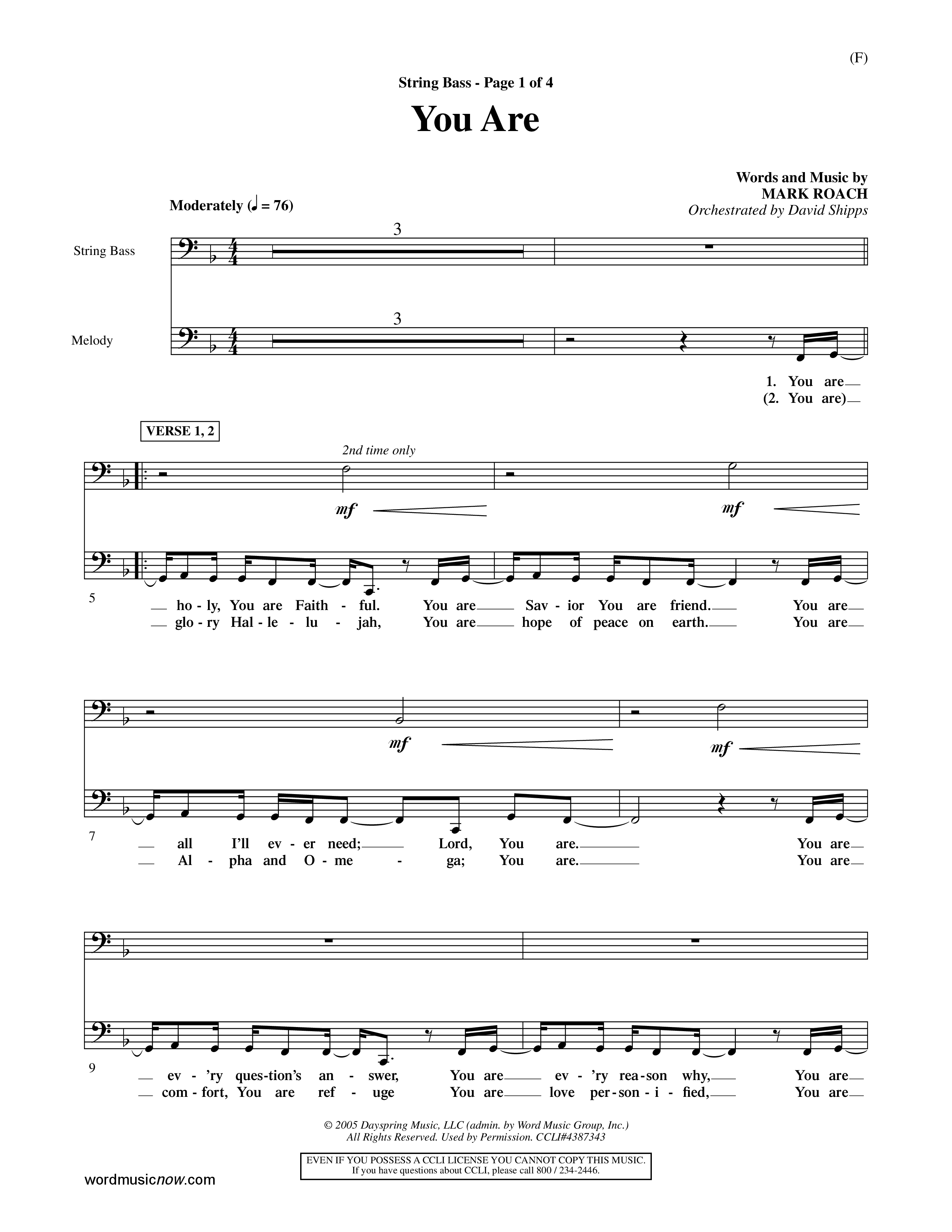 You Are (Choral Anthem SATB) Double Bass (Word Music Choral / Orch. David Shipps)