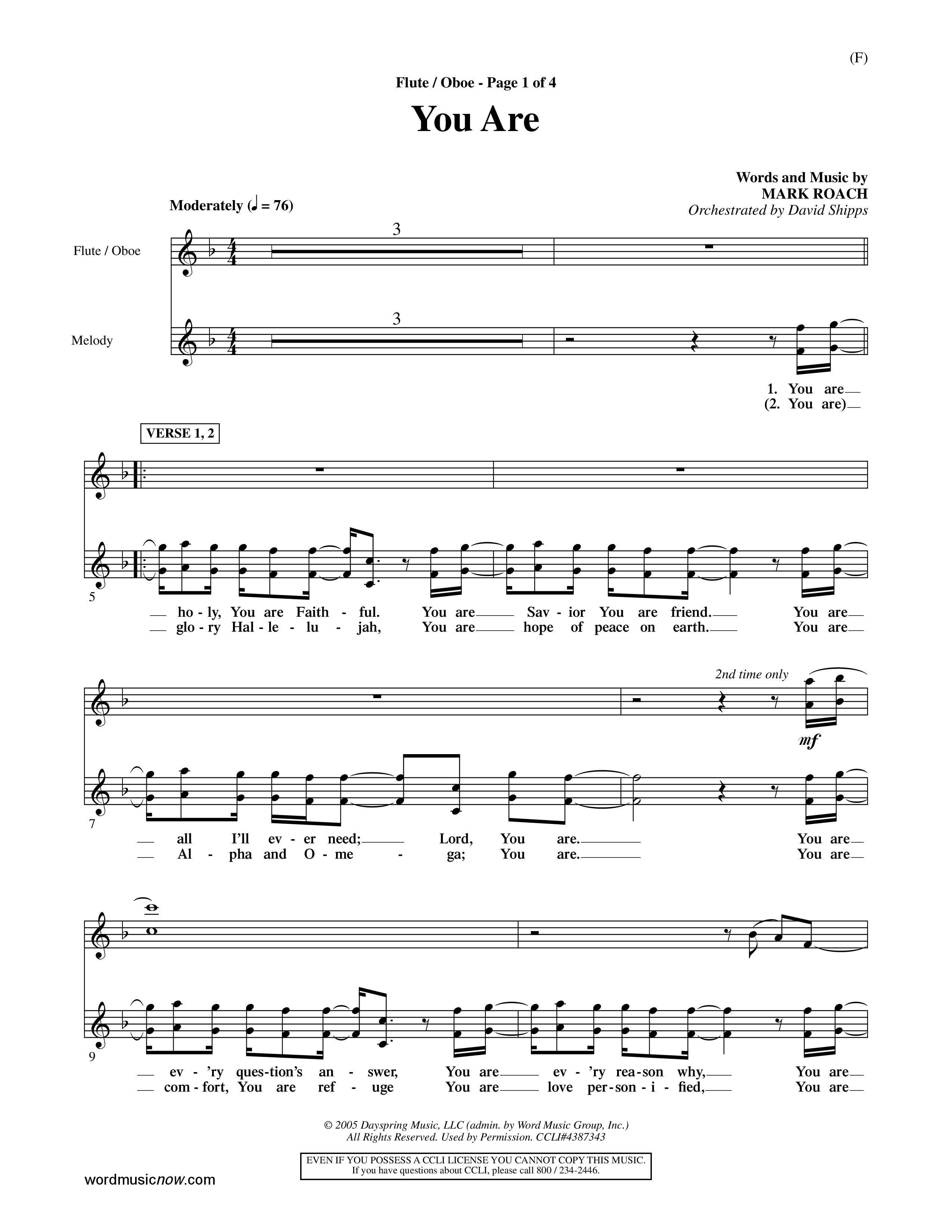 You Are (Choral Anthem SATB) Flute/Oboe (Word Music Choral / Orch. David Shipps)