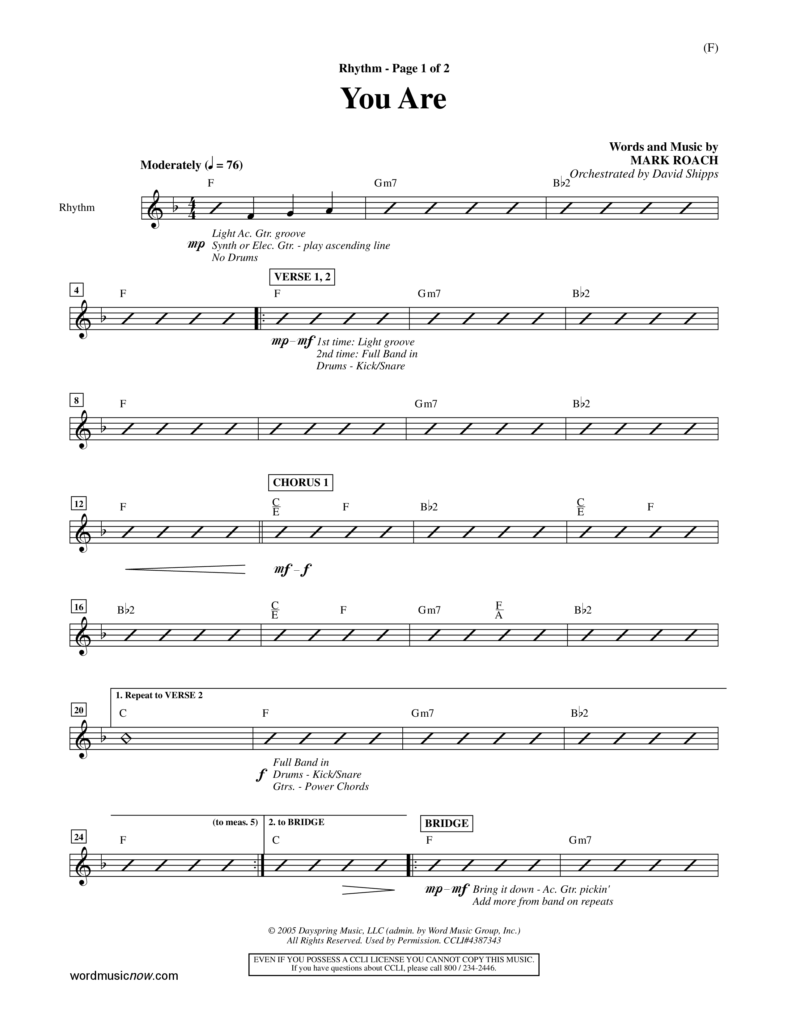 You Are (Choral Anthem SATB) Rhythm Chart (Word Music Choral / Orch. David Shipps)