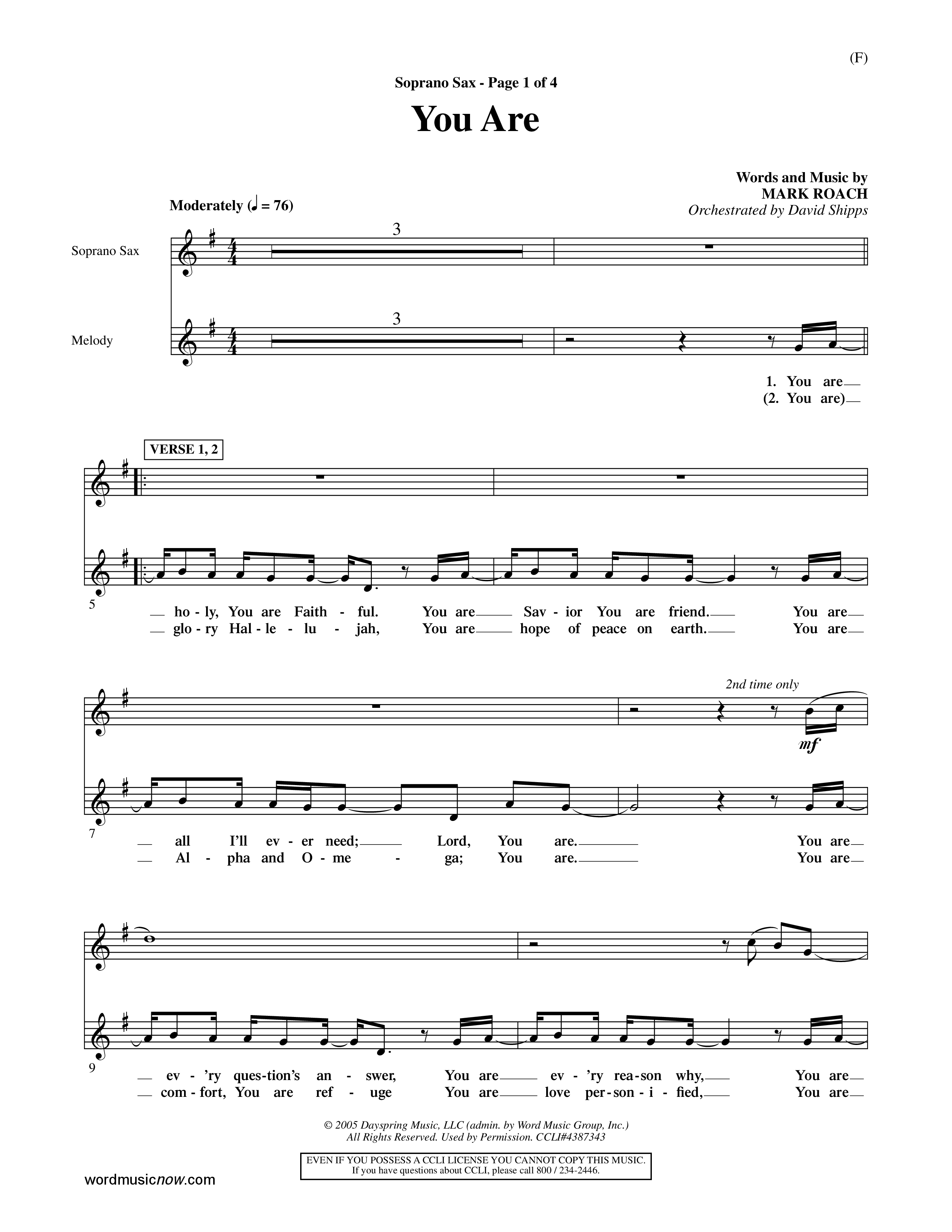 You Are (Choral Anthem SATB) Saxophone (Word Music Choral / Orch. David Shipps)