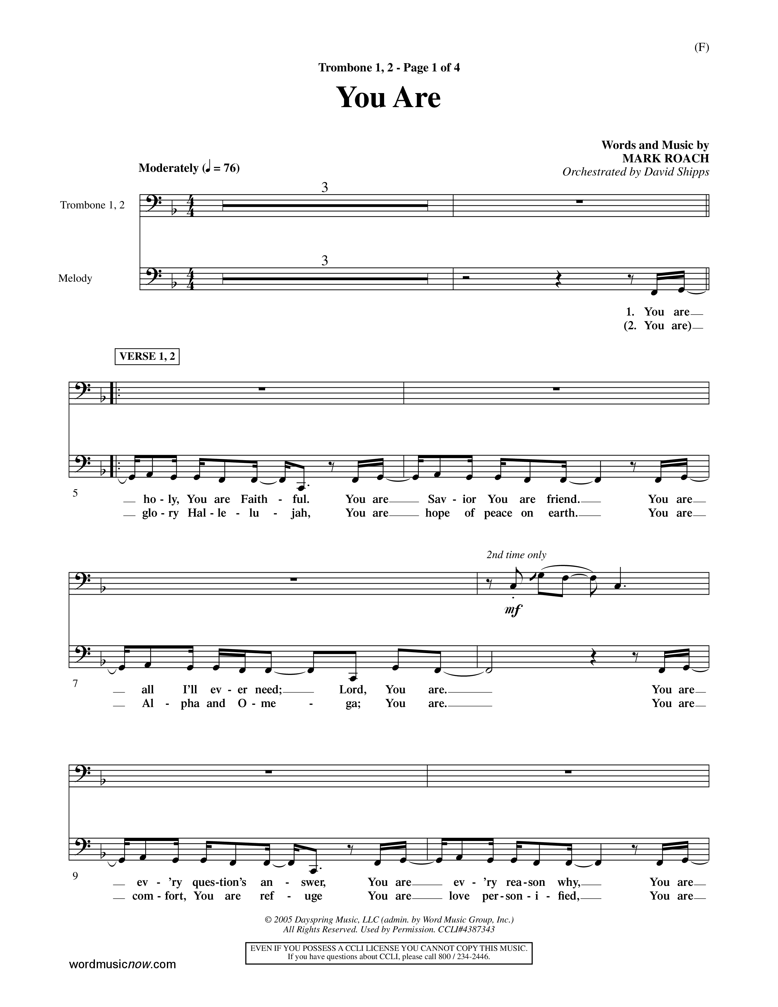 You Are (Choral Anthem SATB) Trombone 1/2 (Word Music Choral / Orch. David Shipps)