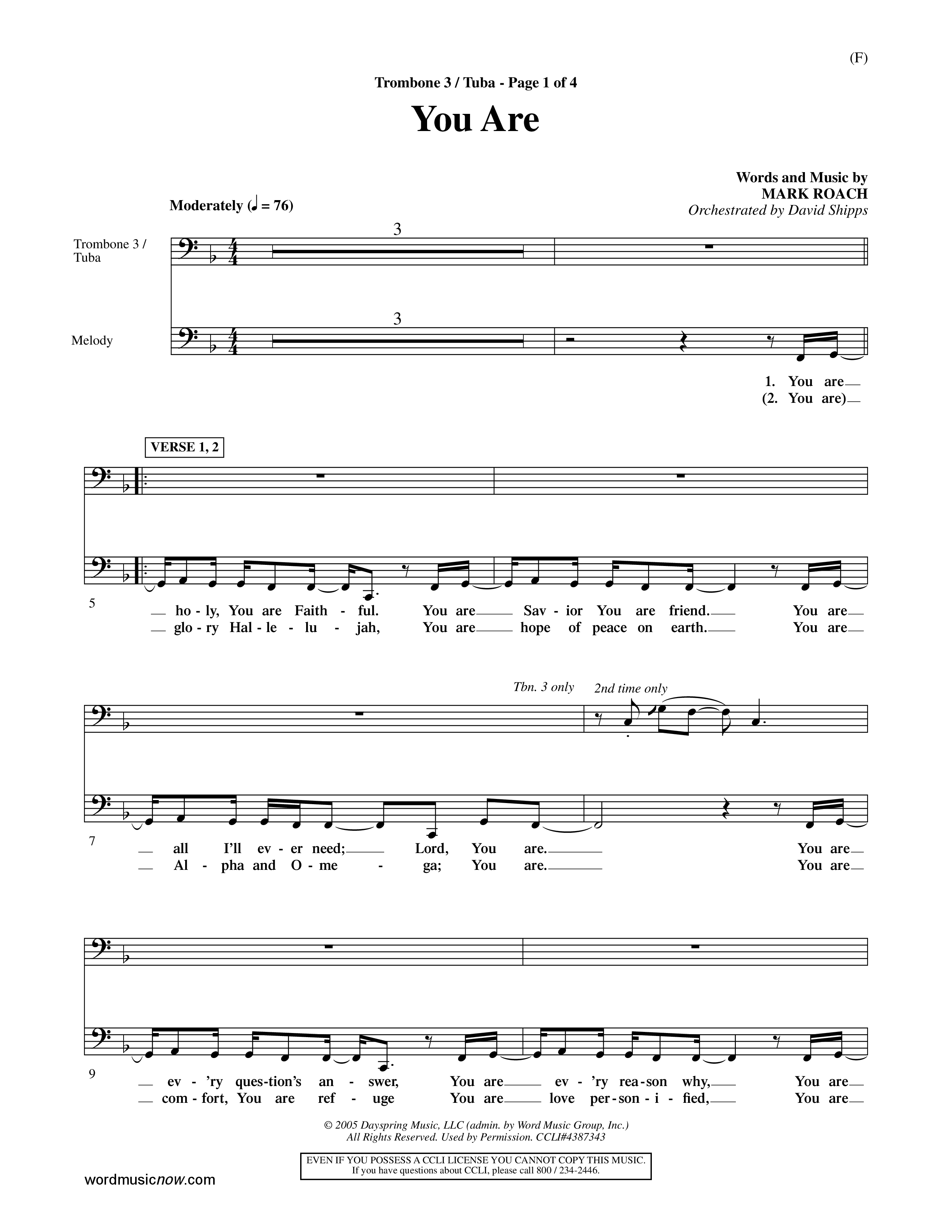 You Are (Choral Anthem SATB) Trombone 3/Tuba (Word Music Choral / Orch. David Shipps)