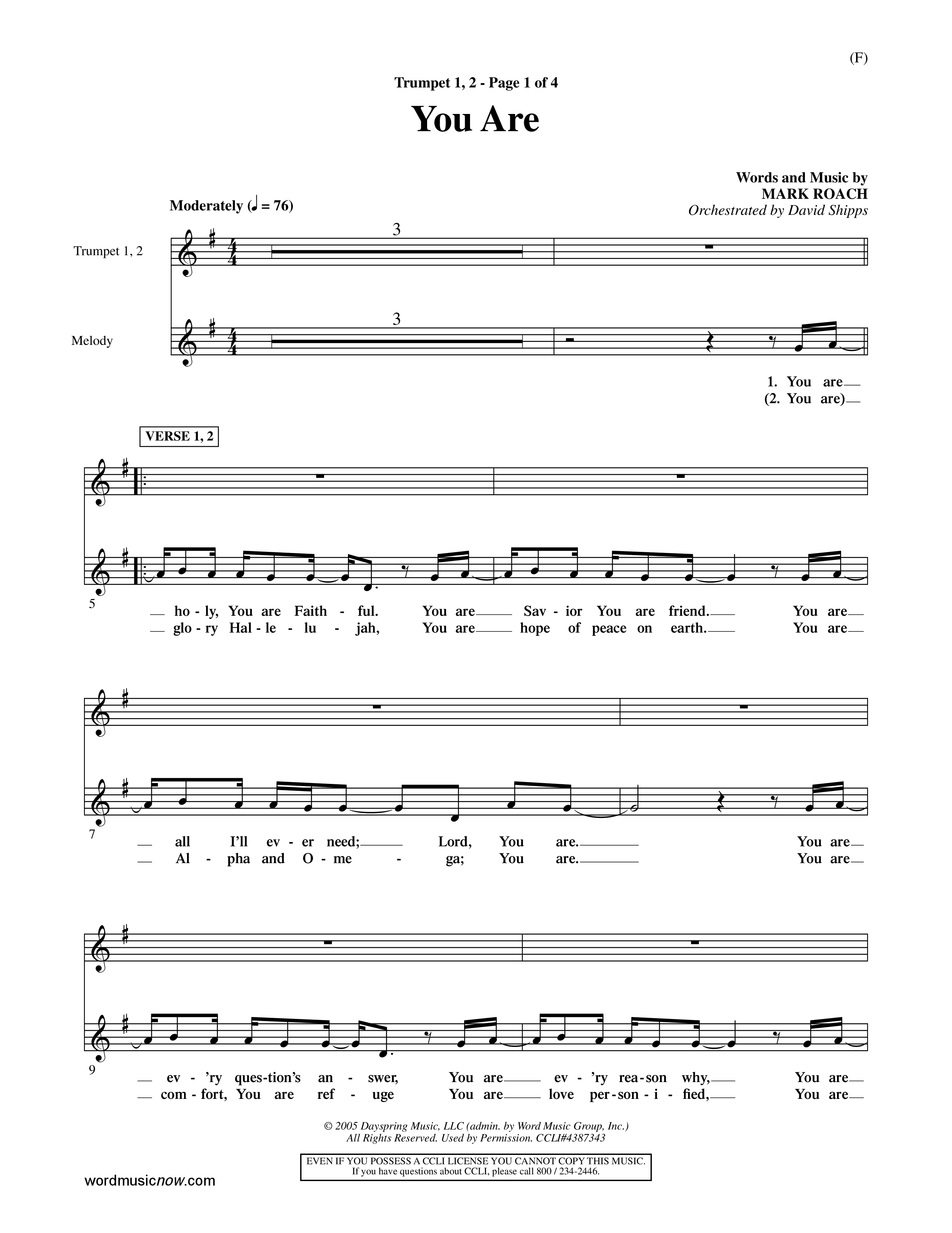You Are (Choral Anthem SATB) Trumpet 1,2 (Word Music Choral / Orch. David Shipps)