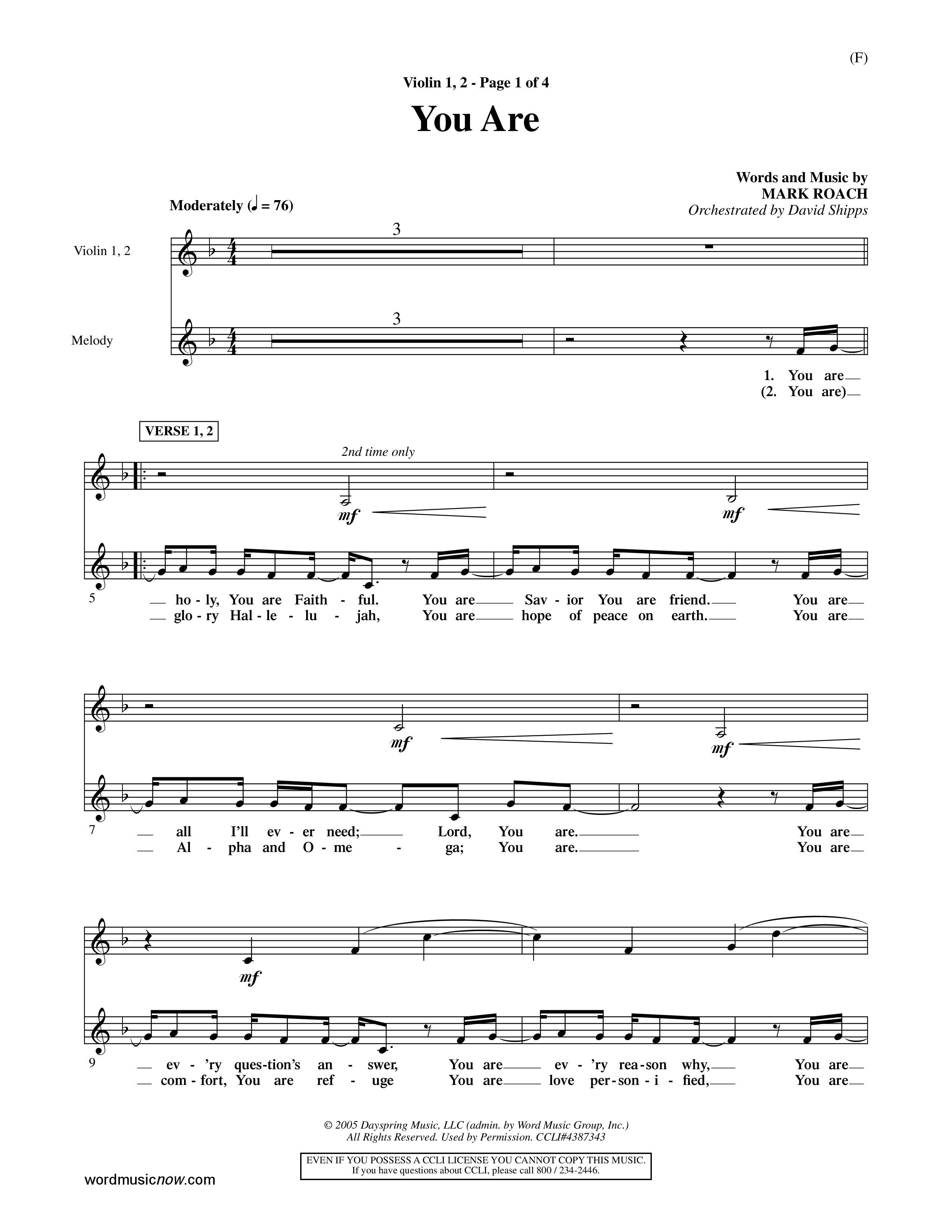 You Are (Choral Anthem SATB) Violin 1/2 (Word Music Choral / Orch. David Shipps)