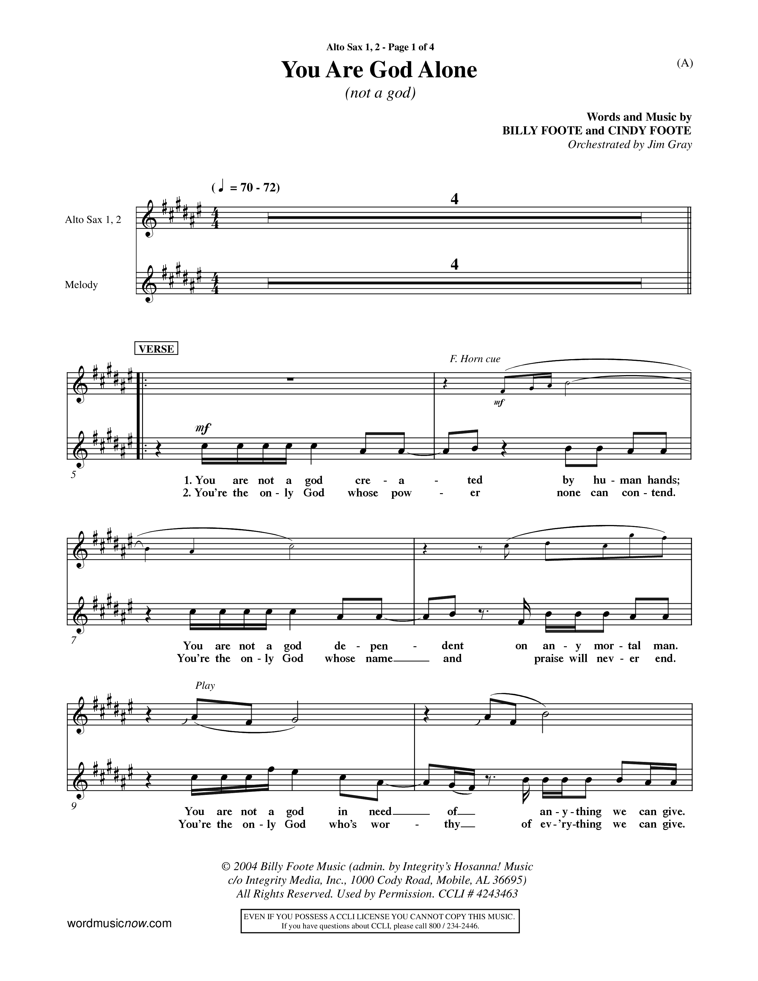 You Are God Alone (Choral Anthem SATB) Alto Sax 1/2 (Word Music Choral / Orch. Jim Gray)