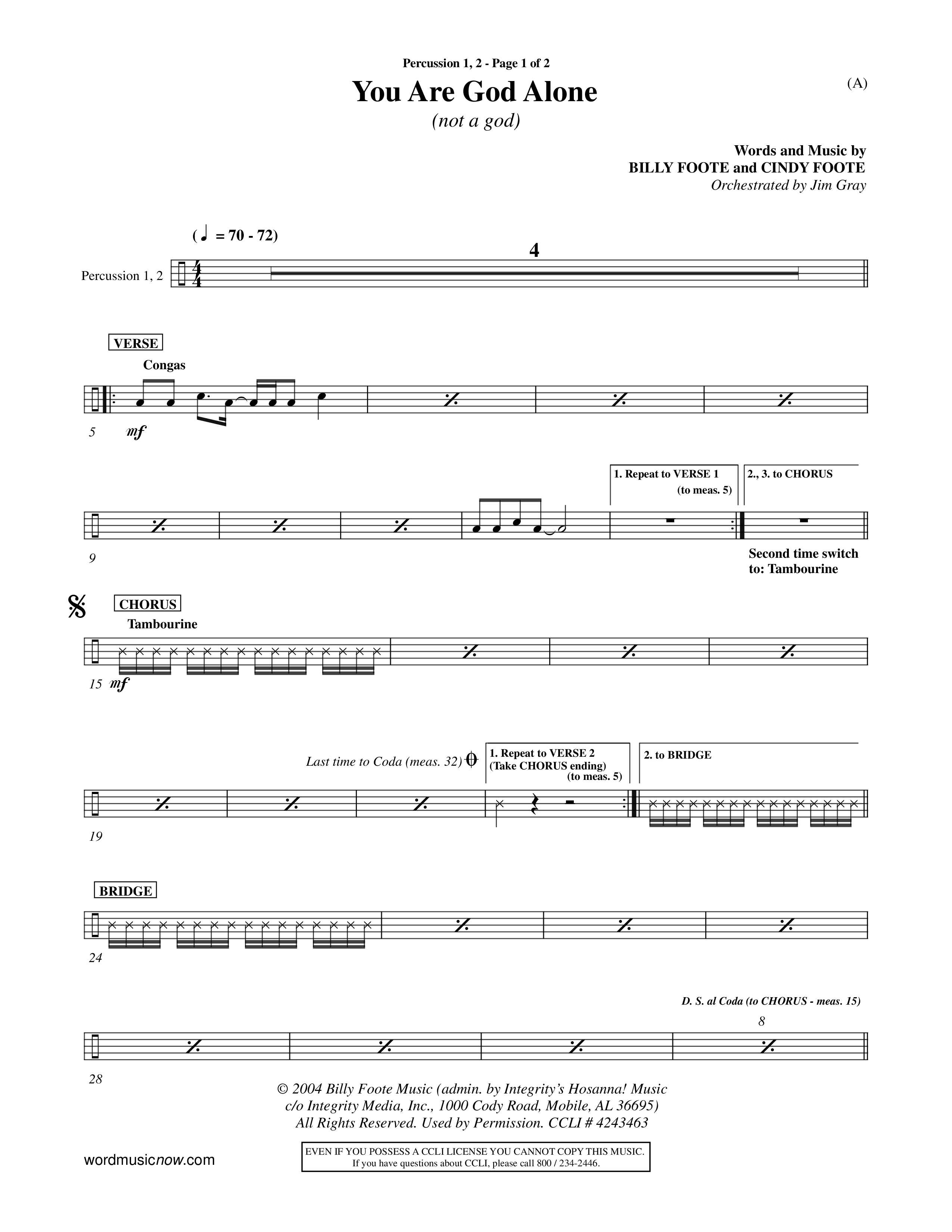 You Are God Alone (Choral Anthem SATB) Percussion 1/2 (Word Music Choral / Orch. Jim Gray)