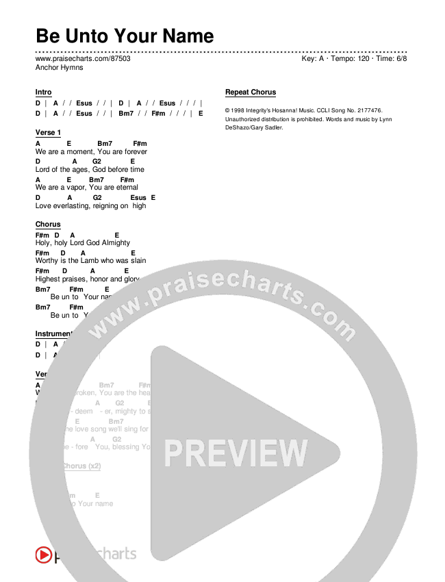 Be Unto Your Name Chord Chart (Anchor Hymns)