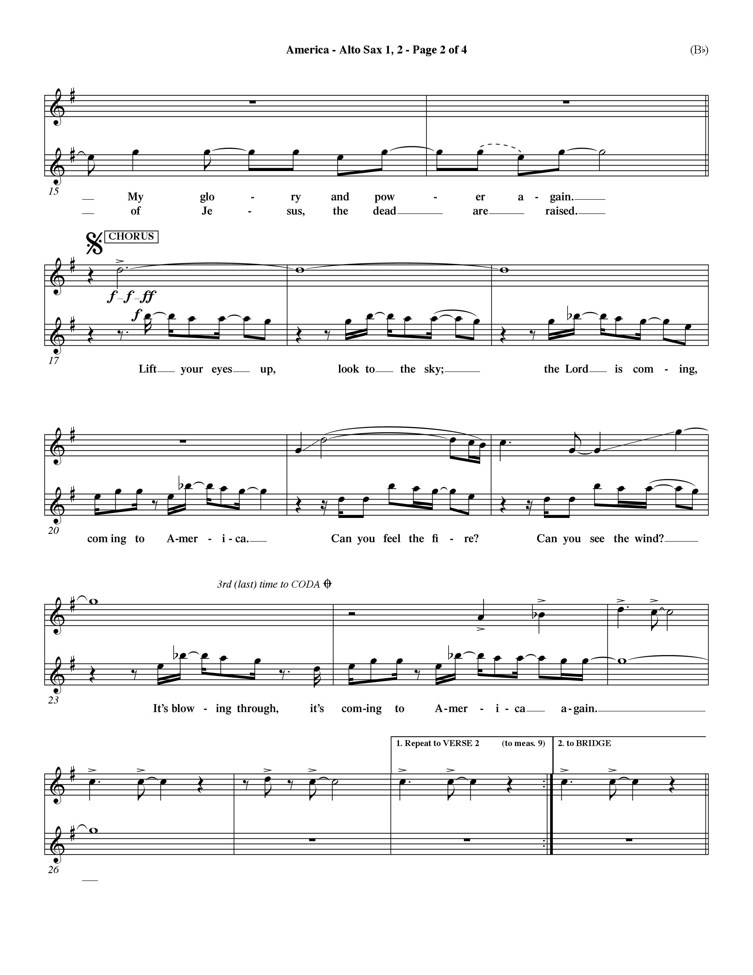 America (Choral Anthem SATB) Alto Sax 1/2 (Word Music Choral / Orch. Dave Williamson)