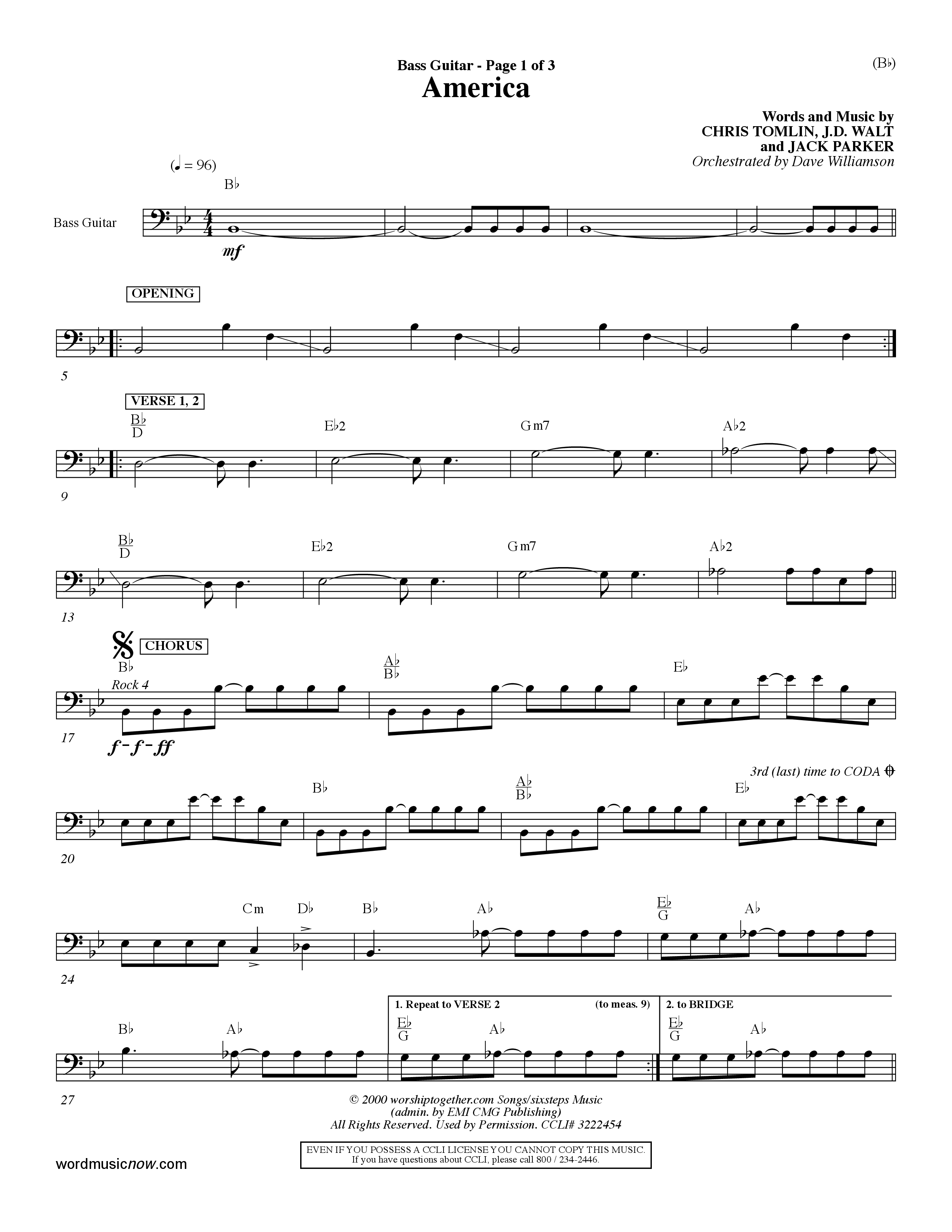 America (Choral Anthem SATB) Bass Guitar (Word Music Choral / Orch. Dave Williamson)
