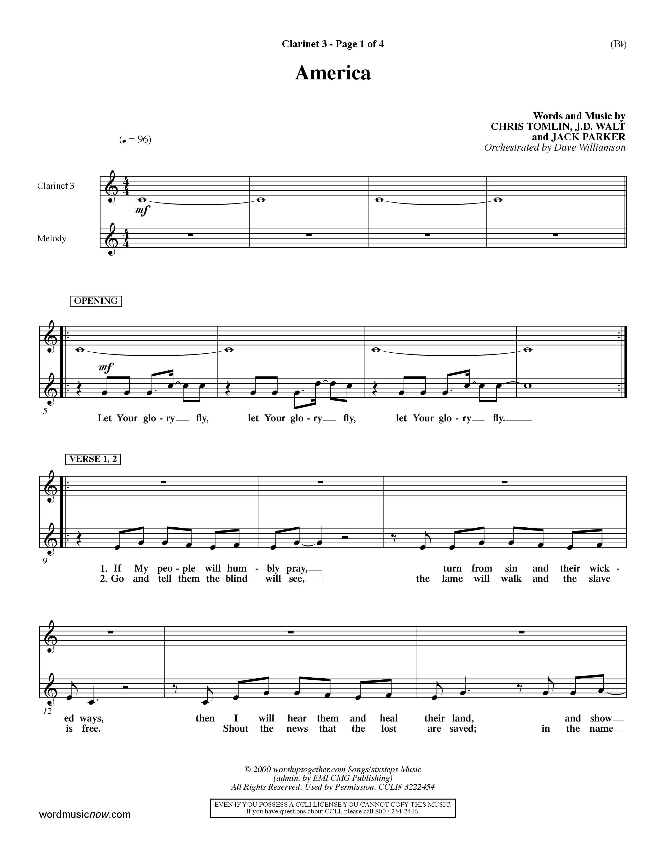 America (Choral Anthem SATB) Clarinet 3 (Word Music Choral / Orch. Dave Williamson)
