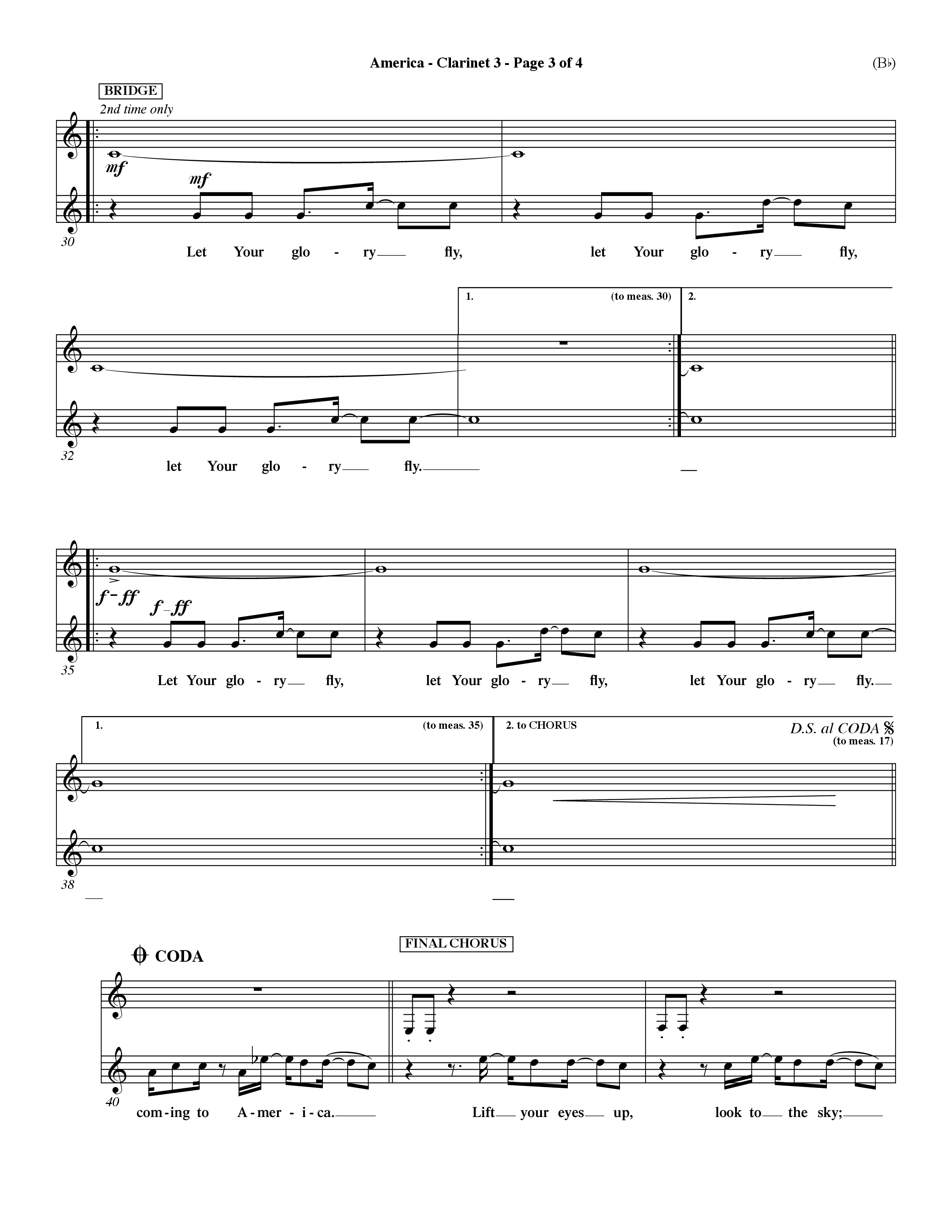 America (Choral Anthem SATB) Clarinet 3 (Word Music Choral / Orch. Dave Williamson)