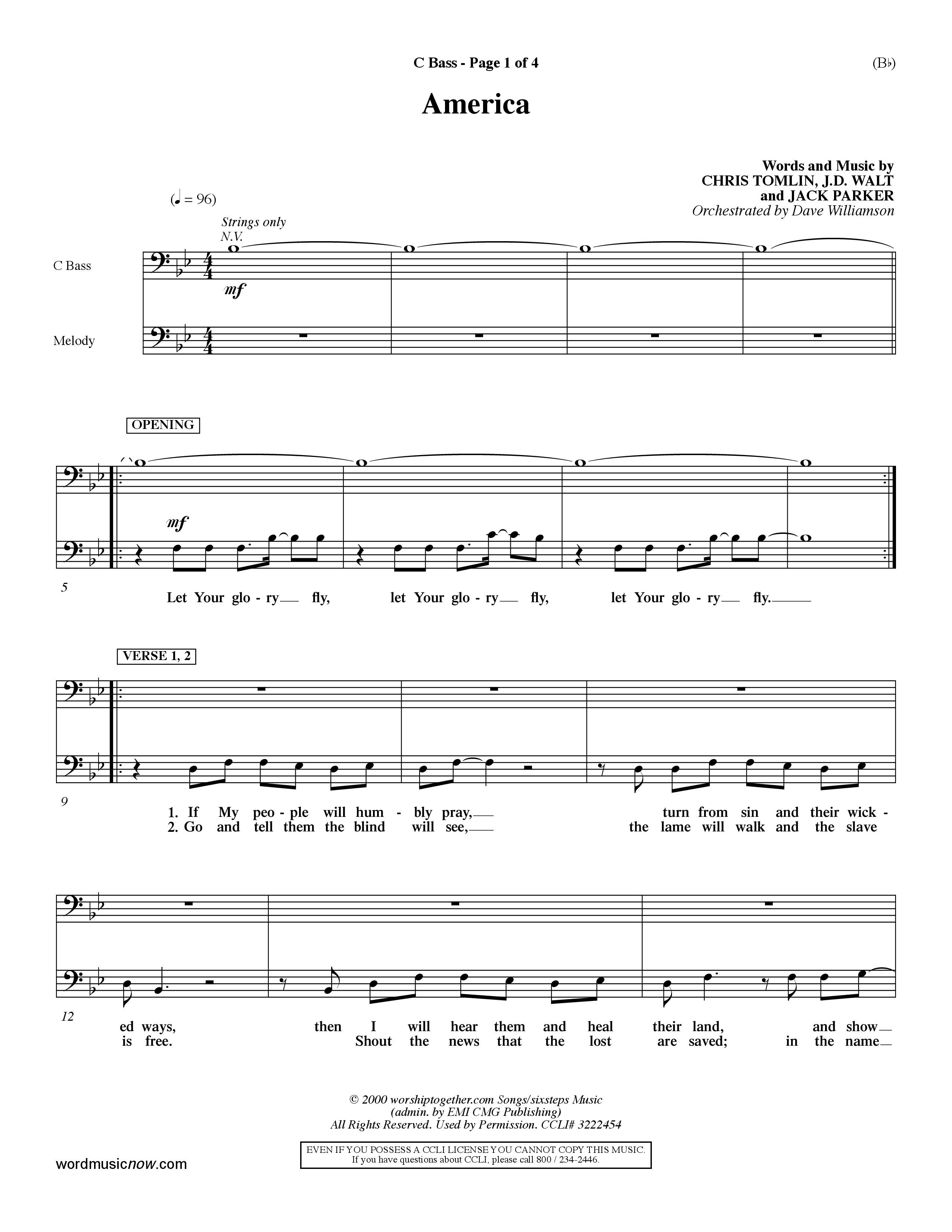 America (Choral Anthem SATB) Contrabass (Word Music Choral / Orch. Dave Williamson)