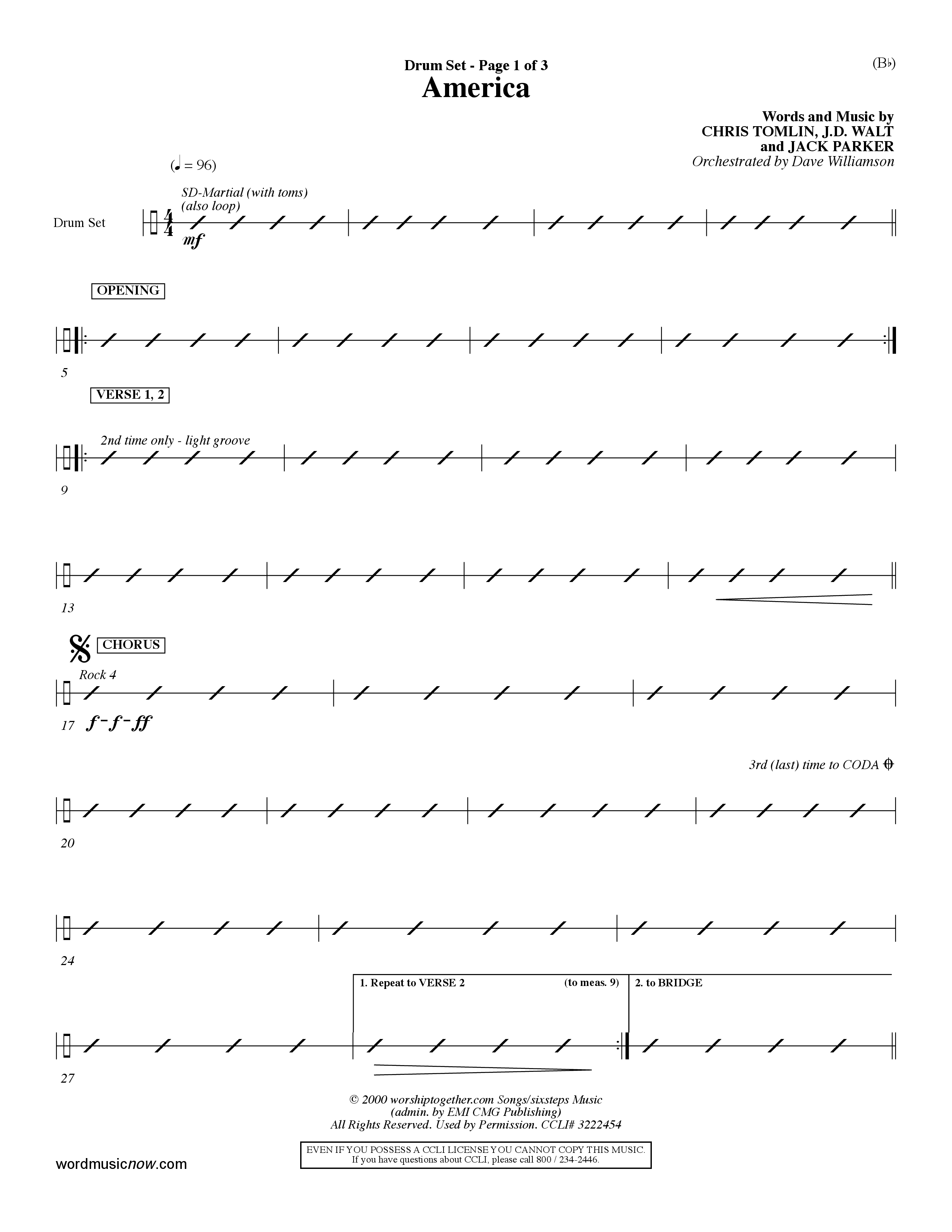 America (Choral Anthem SATB) Drum Set (Word Music Choral / Orch. Dave Williamson)