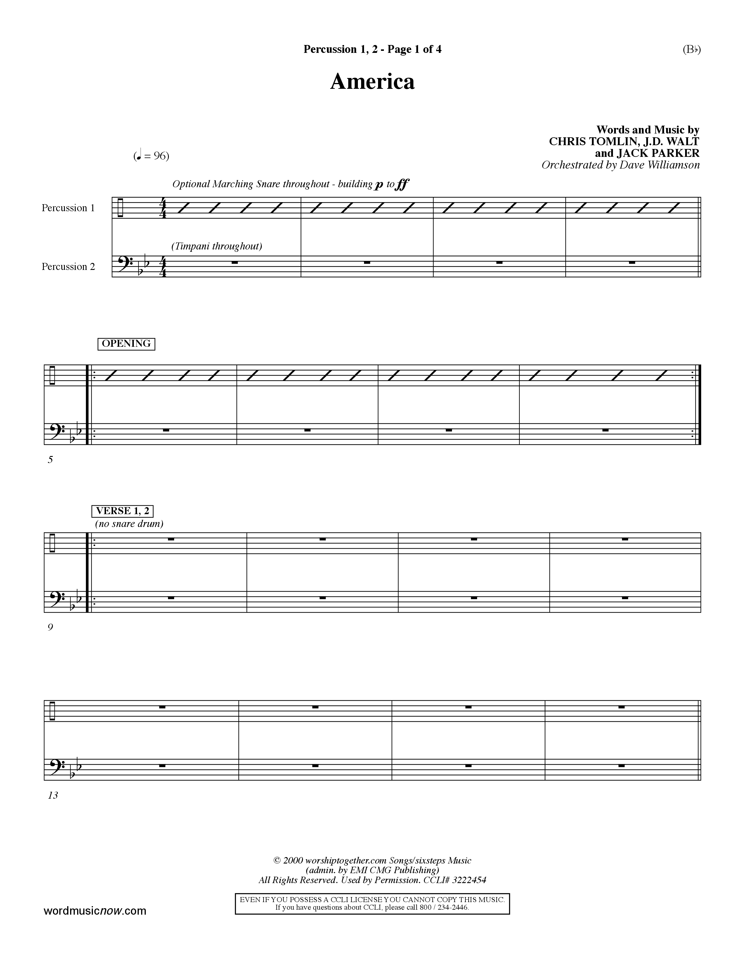 America (Choral Anthem SATB) Percussion 1/2 (Word Music Choral / Orch. Dave Williamson)