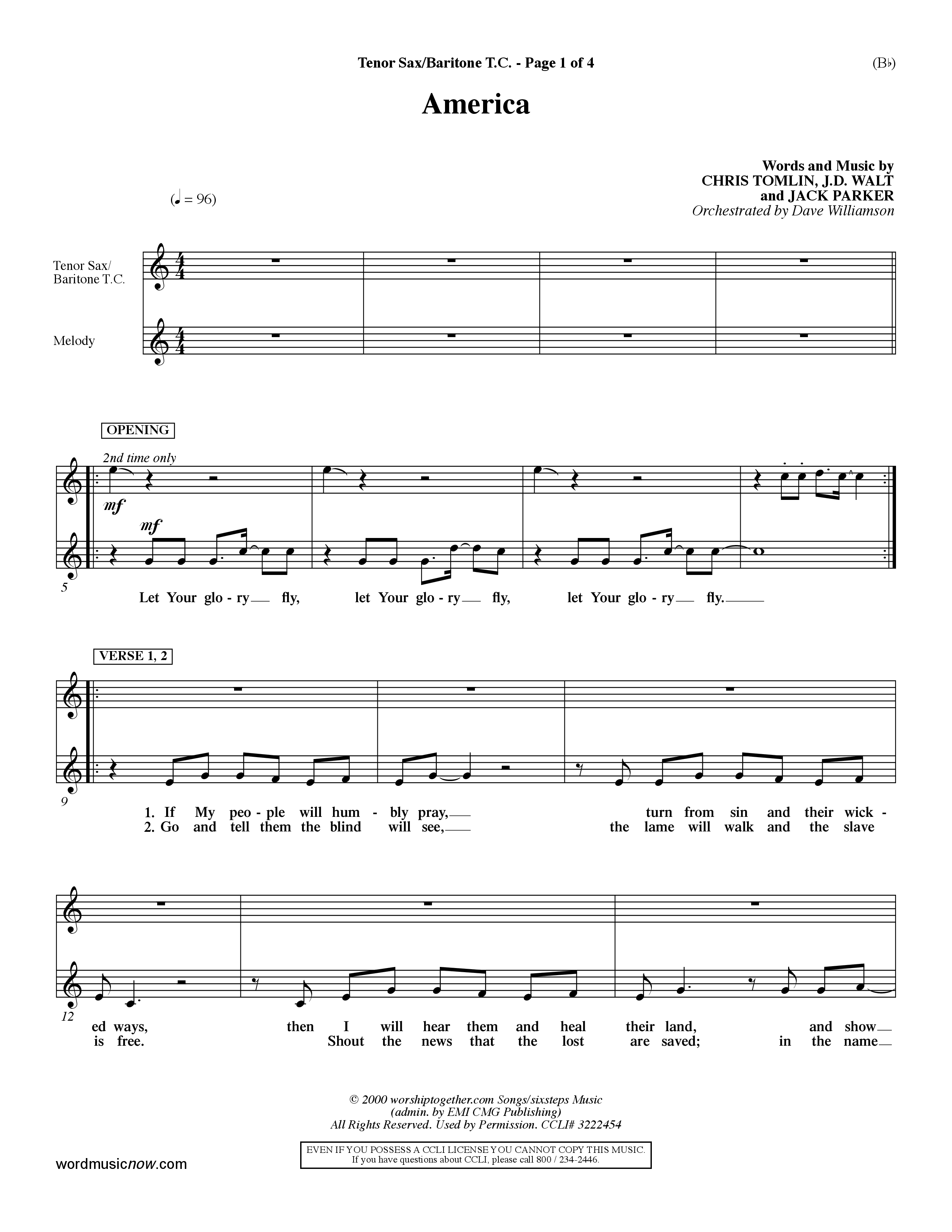 America (Choral Anthem SATB) Tenor Sax/Baritone T.C. (Word Music Choral / Orch. Dave Williamson)
