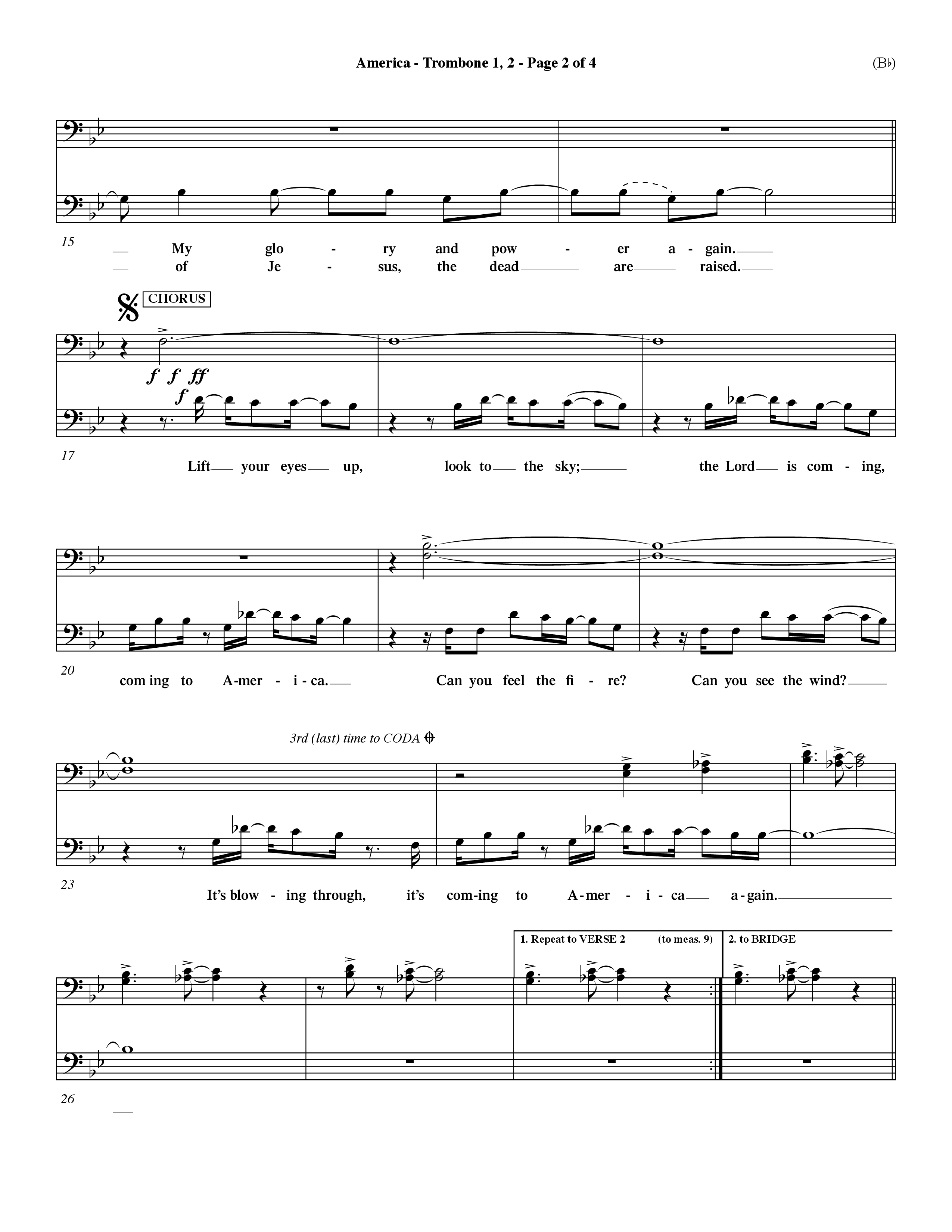 America (Choral Anthem SATB) Trombone 1/2 (Word Music Choral / Orch. Dave Williamson)
