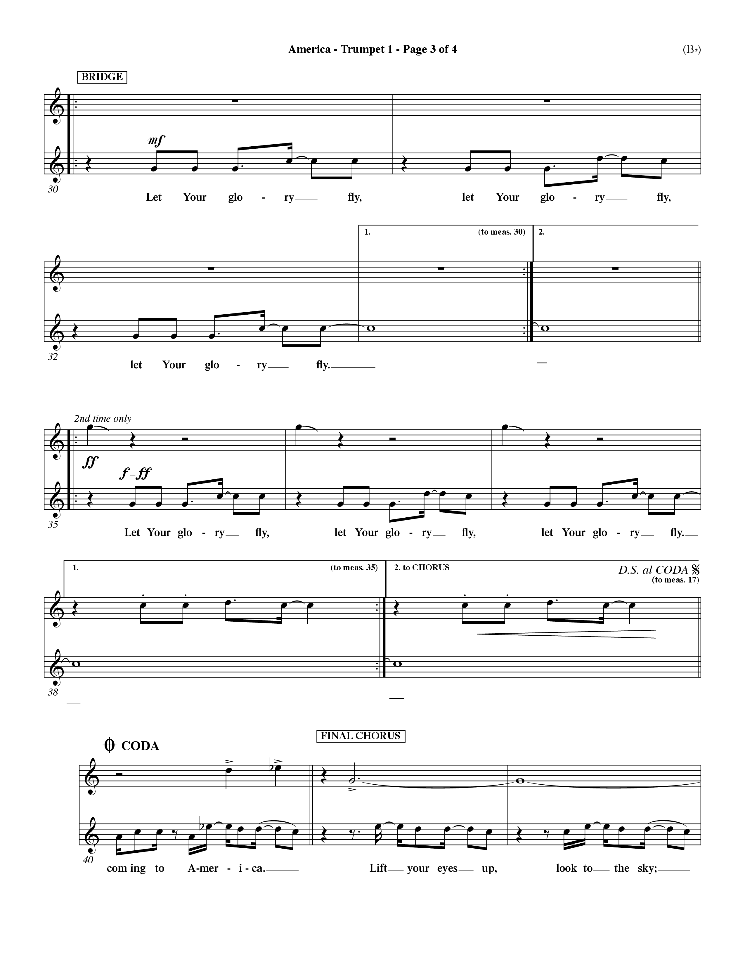 America (Choral Anthem SATB) Trumpet 1 (Word Music Choral / Orch. Dave Williamson)