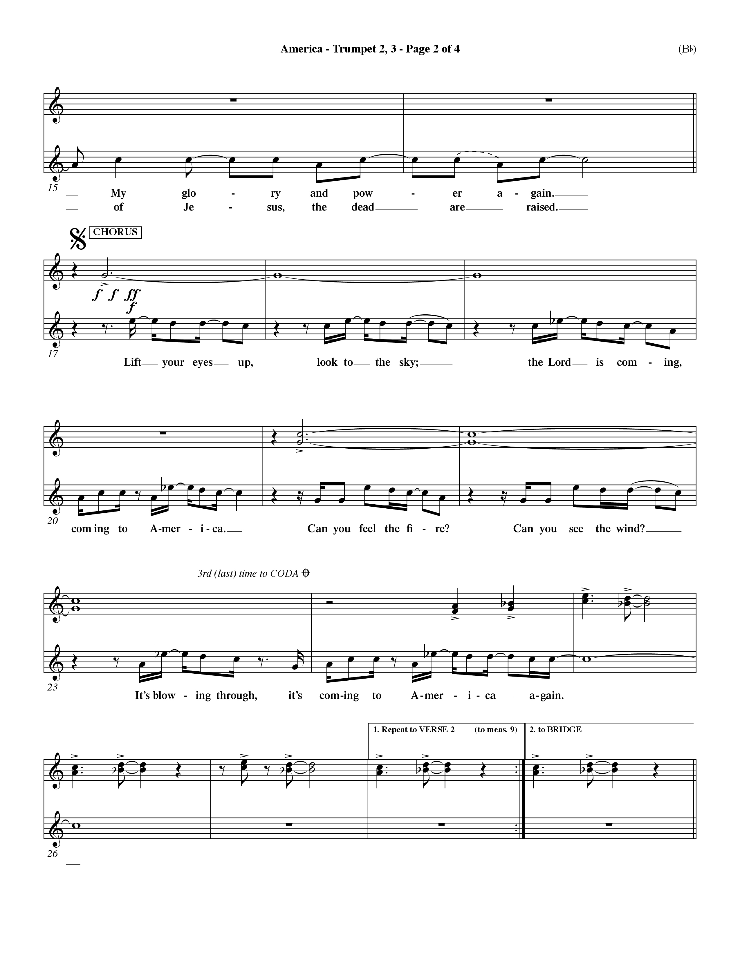 America (Choral Anthem SATB) Trumpet 2/3 (Word Music Choral / Orch. Dave Williamson)