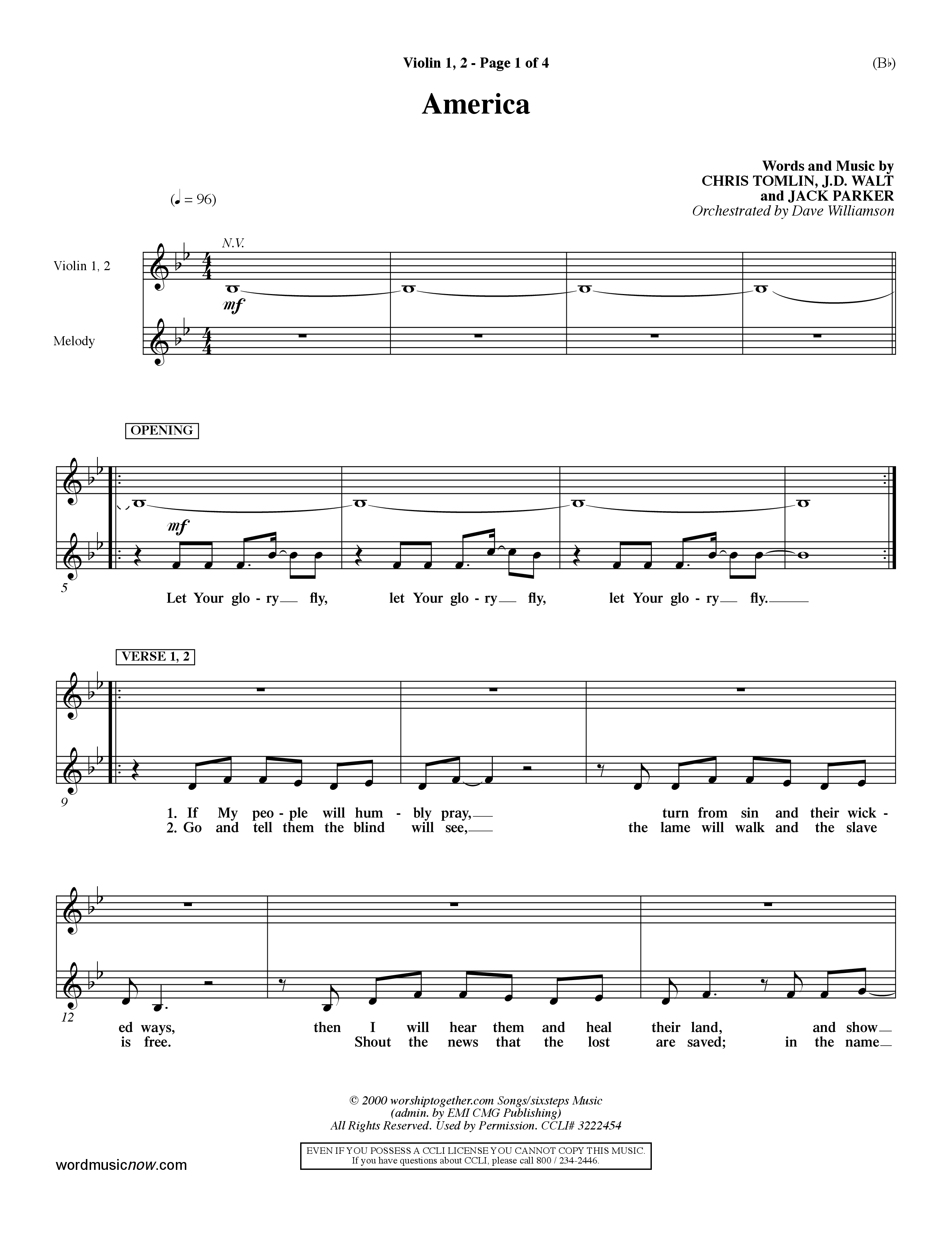 America (Choral Anthem SATB) Violin 1/2 (Word Music Choral / Orch. Dave Williamson)