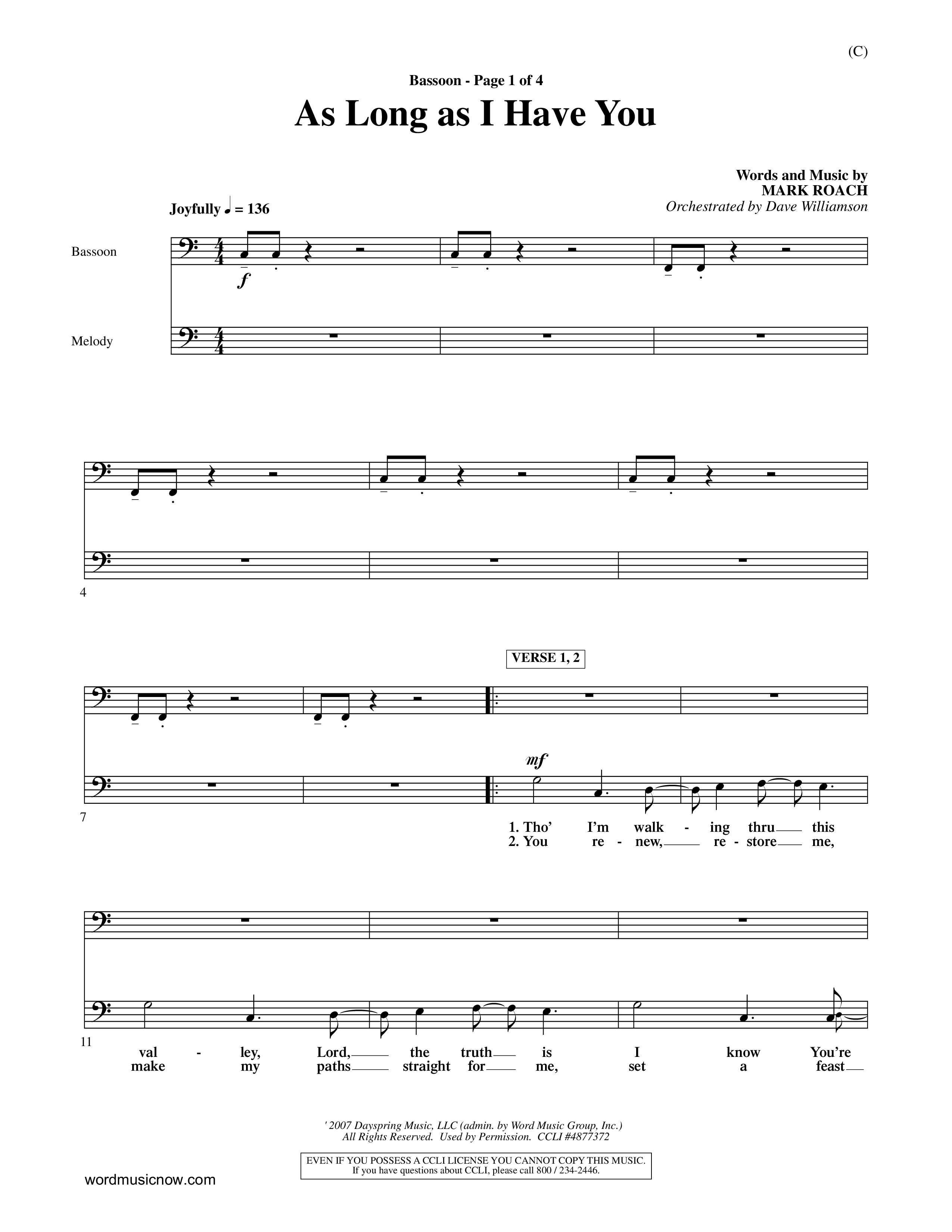 As Long As I Have You (Choral Anthem SATB) Bassoon (Word Music Choral / Orch. Dave Williamson)