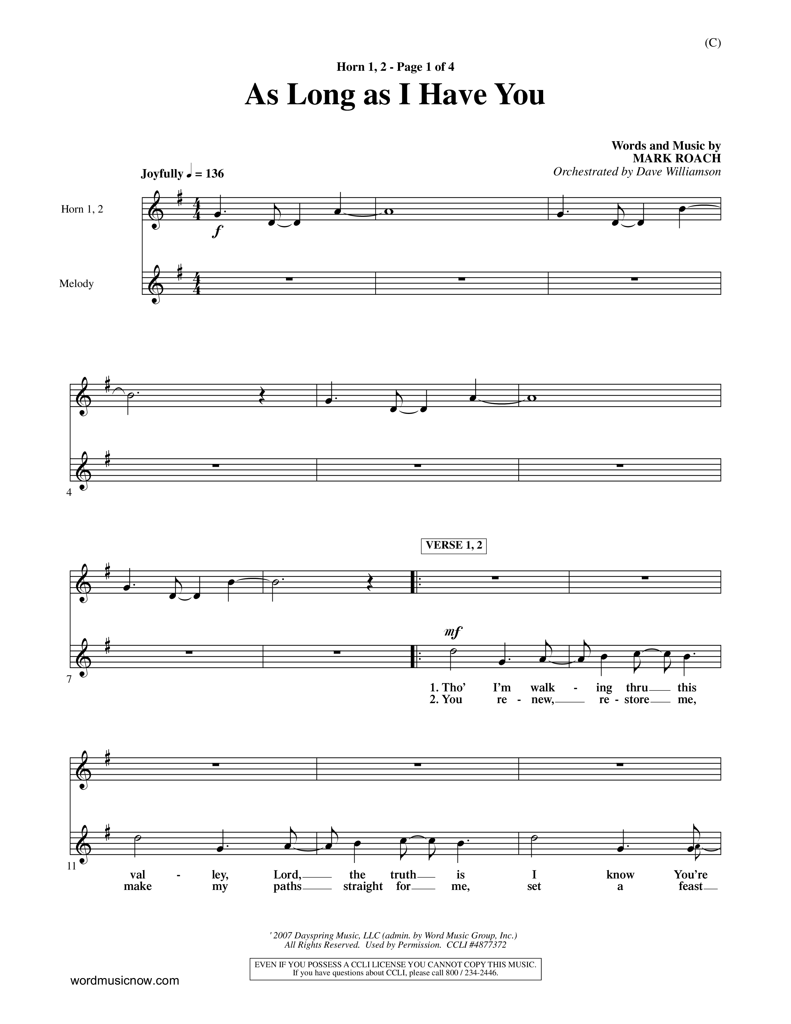 As Long As I Have You (Choral Anthem SATB) French Horn (Word Music Choral / Orch. Dave Williamson)