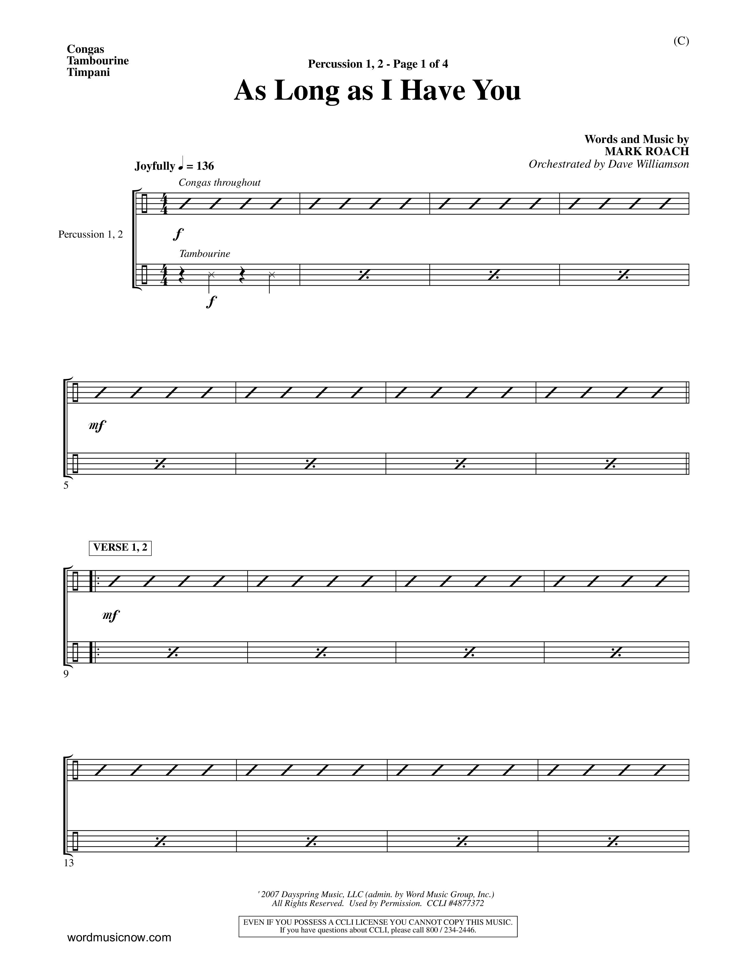 As Long As I Have You (Choral Anthem SATB) Percussion 1/2 (Word Music Choral / Orch. Dave Williamson)