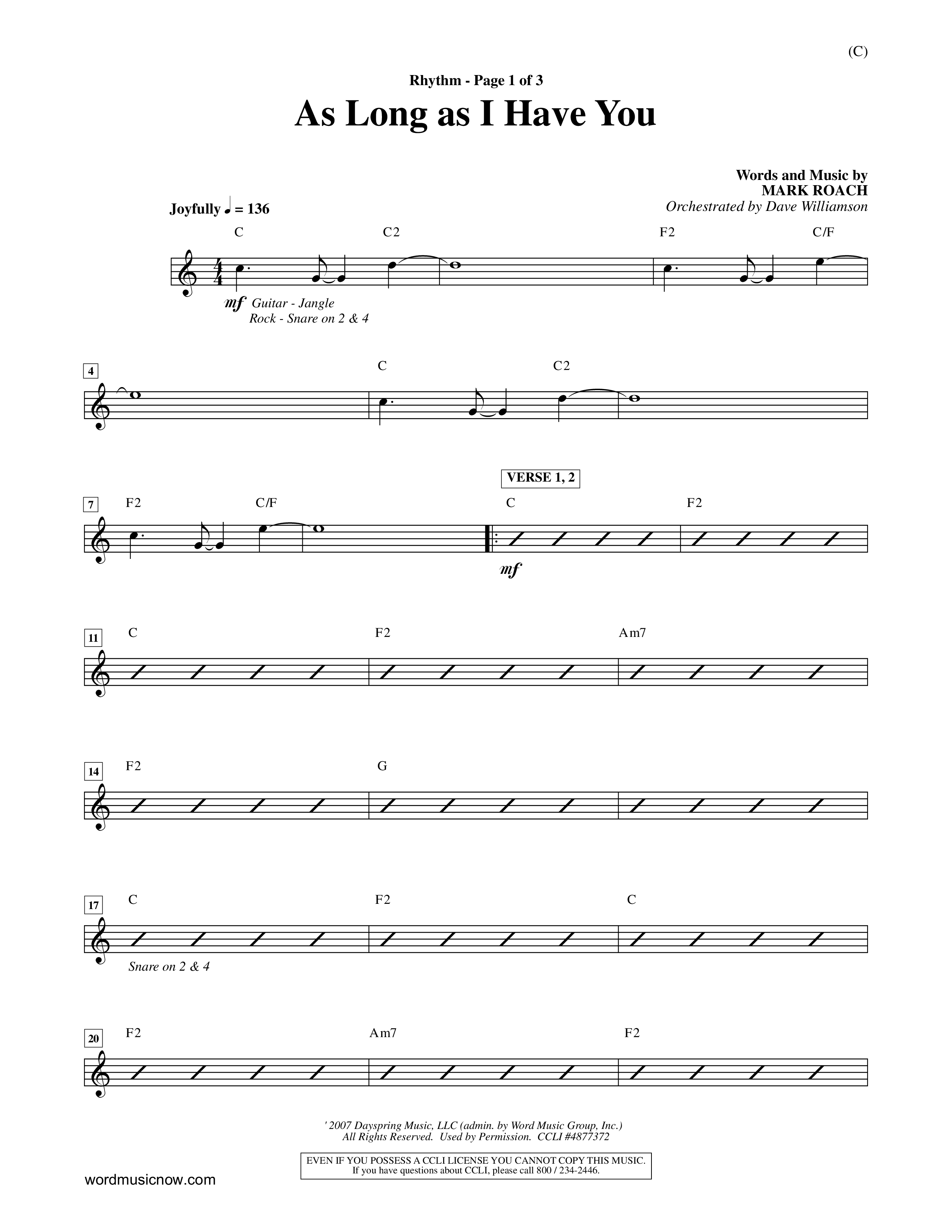 As Long As I Have You (Choral Anthem SATB) Rhythm Chart (Word Music Choral / Orch. Dave Williamson)