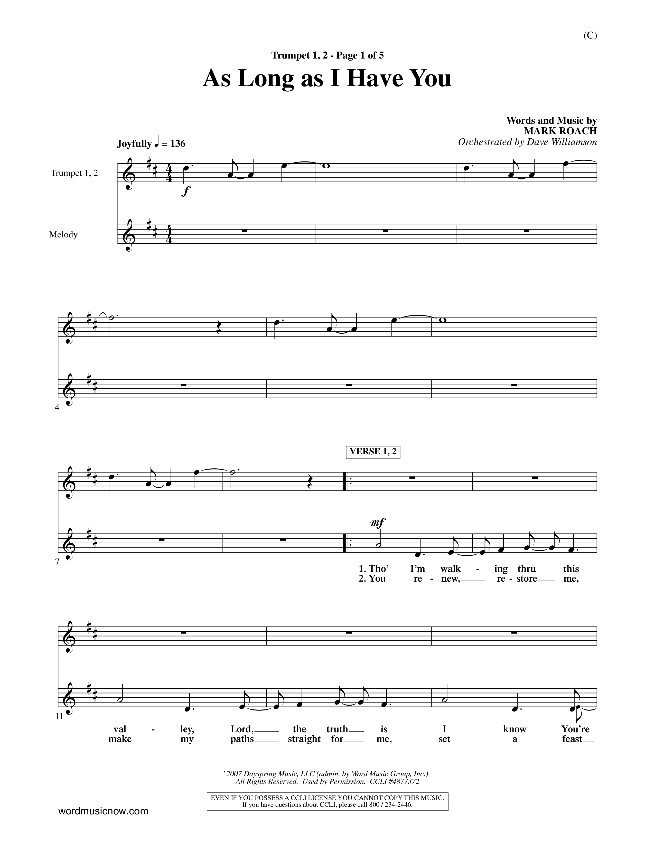 As Long As I Have You (Choral Anthem SATB) Trumpet 1,2 (Word Music Choral / Orch. Dave Williamson)