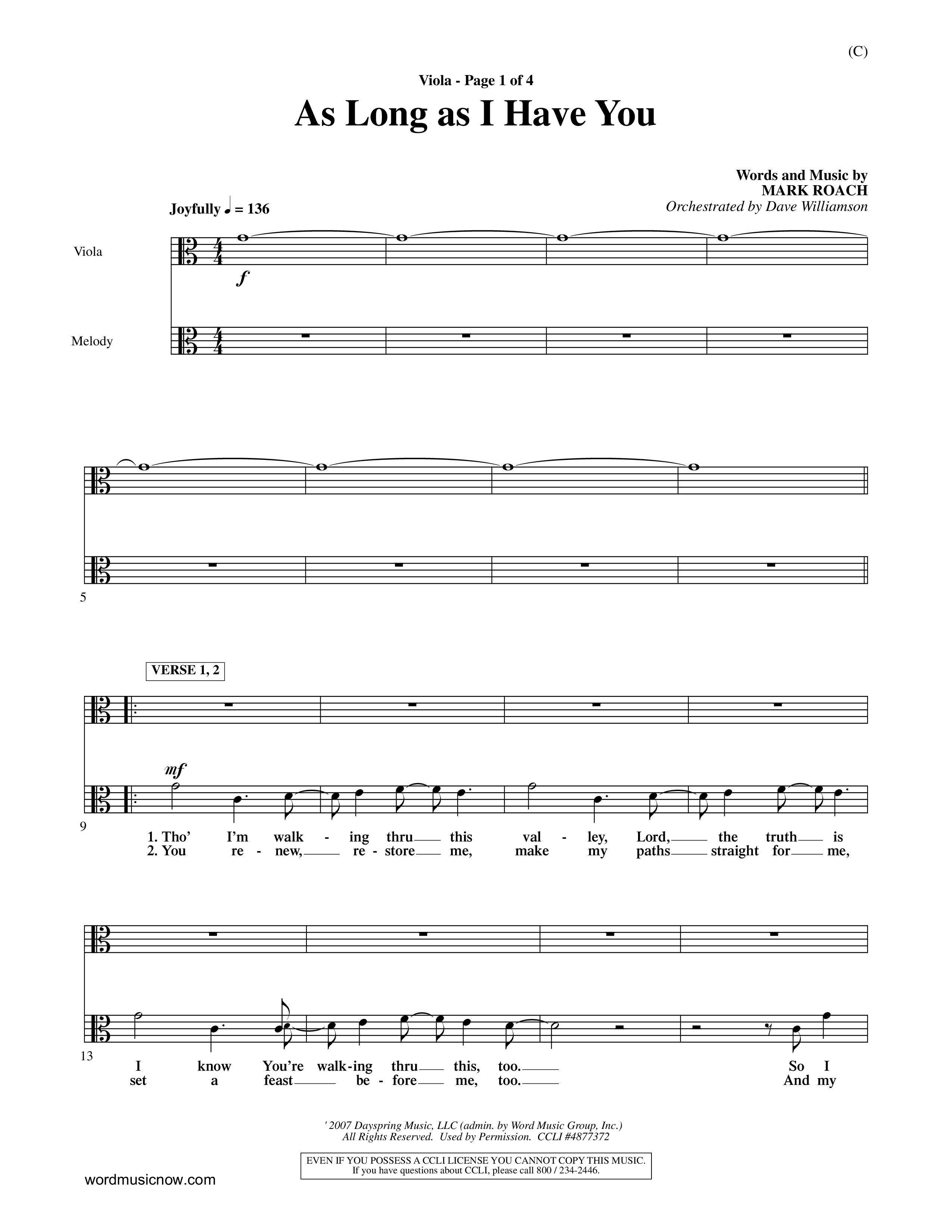 As Long As I Have You (Choral Anthem SATB) Viola (Word Music Choral / Orch. Dave Williamson)