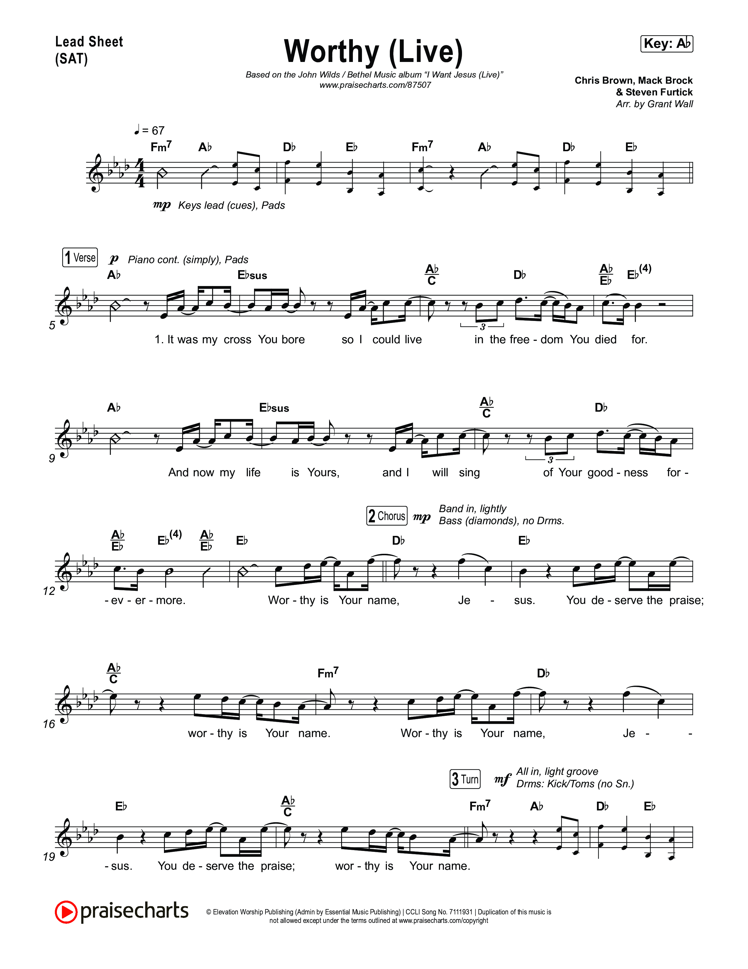 Worthy (Live) Lead Sheet (SAT) (John Wilds / Bethel Music)