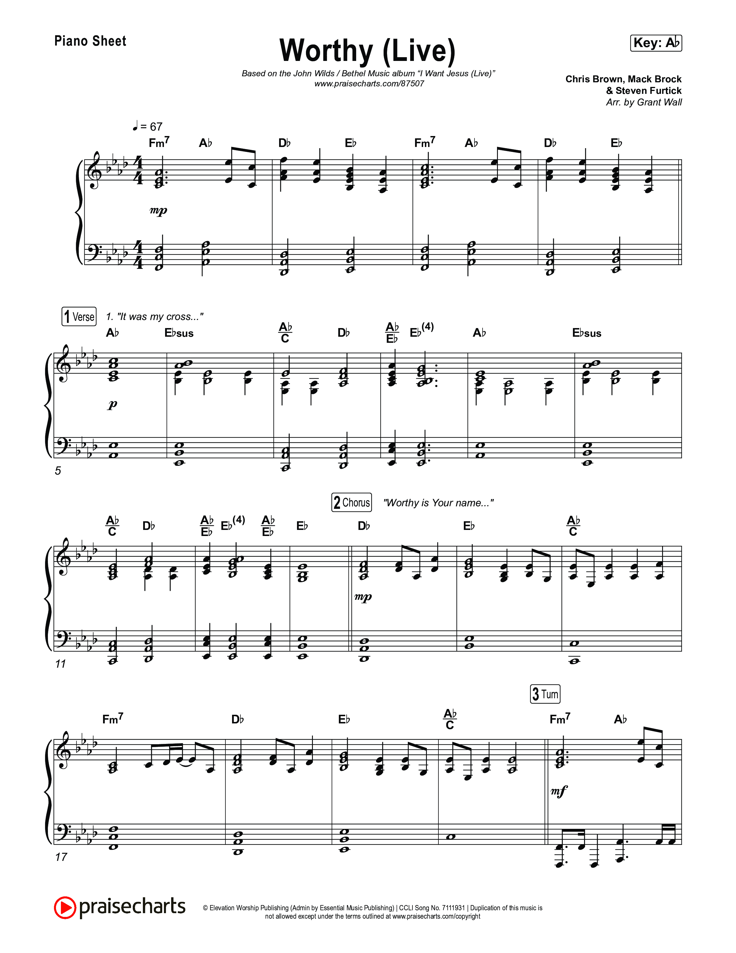 Worthy (Live) Piano Sheet (John Wilds / Bethel Music)