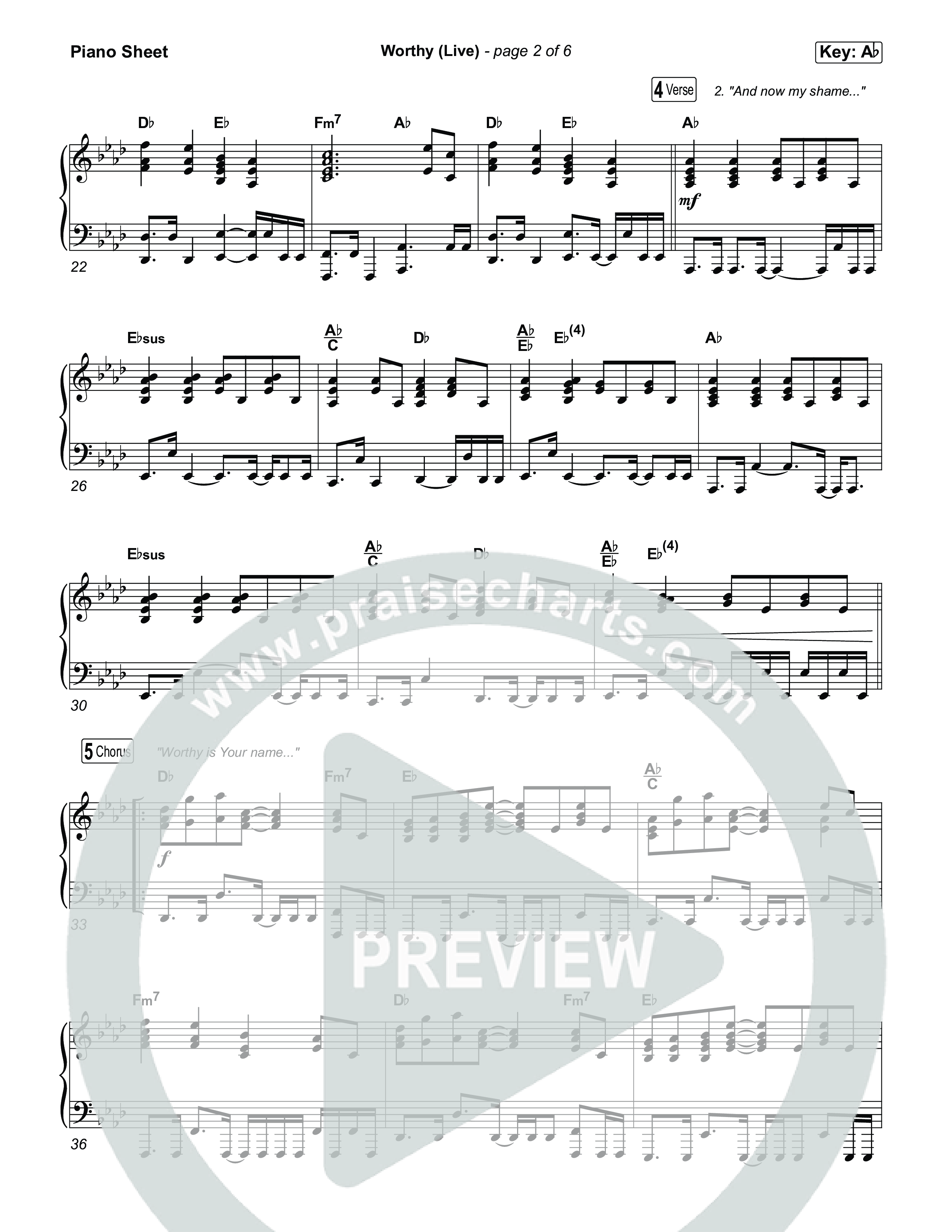 Worthy (Live) Piano Sheet (John Wilds / Bethel Music)