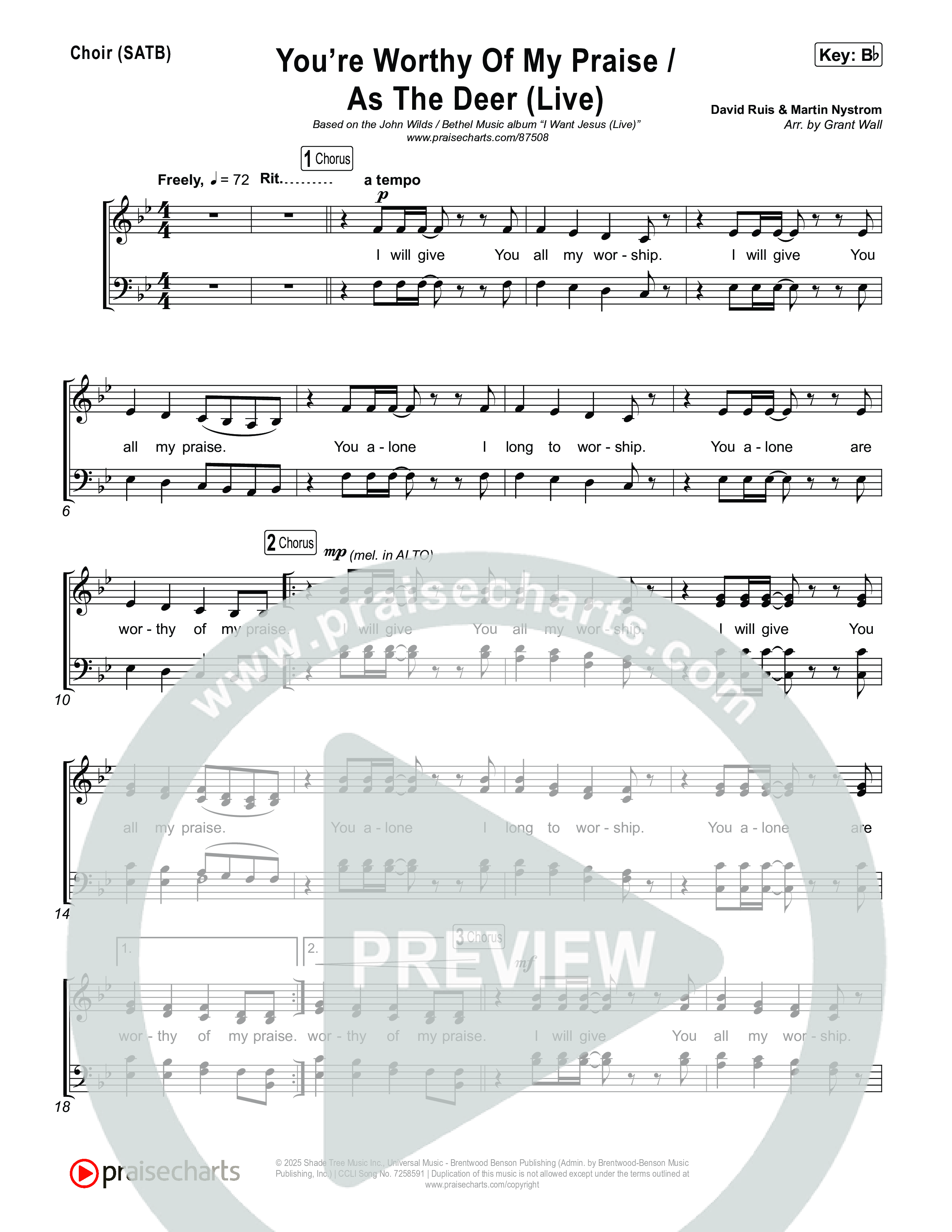 You're Worthy Of My Praise / As The Deer (Live) Choir Sheet (SATB) (John Wilds / Bethel Music)