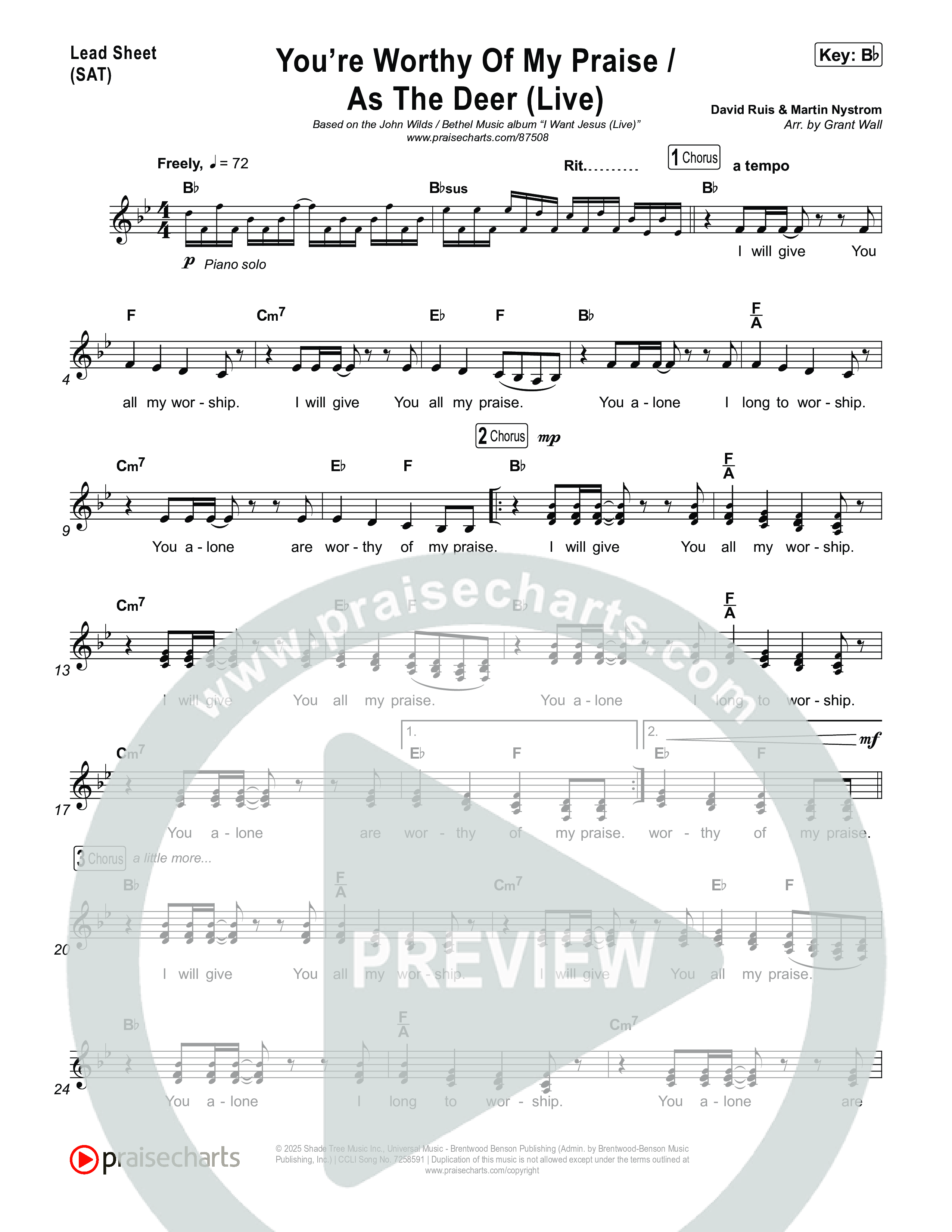 You're Worthy Of My Praise / As The Deer (Live) Lead Sheet (SAT) (John Wilds / Bethel Music)