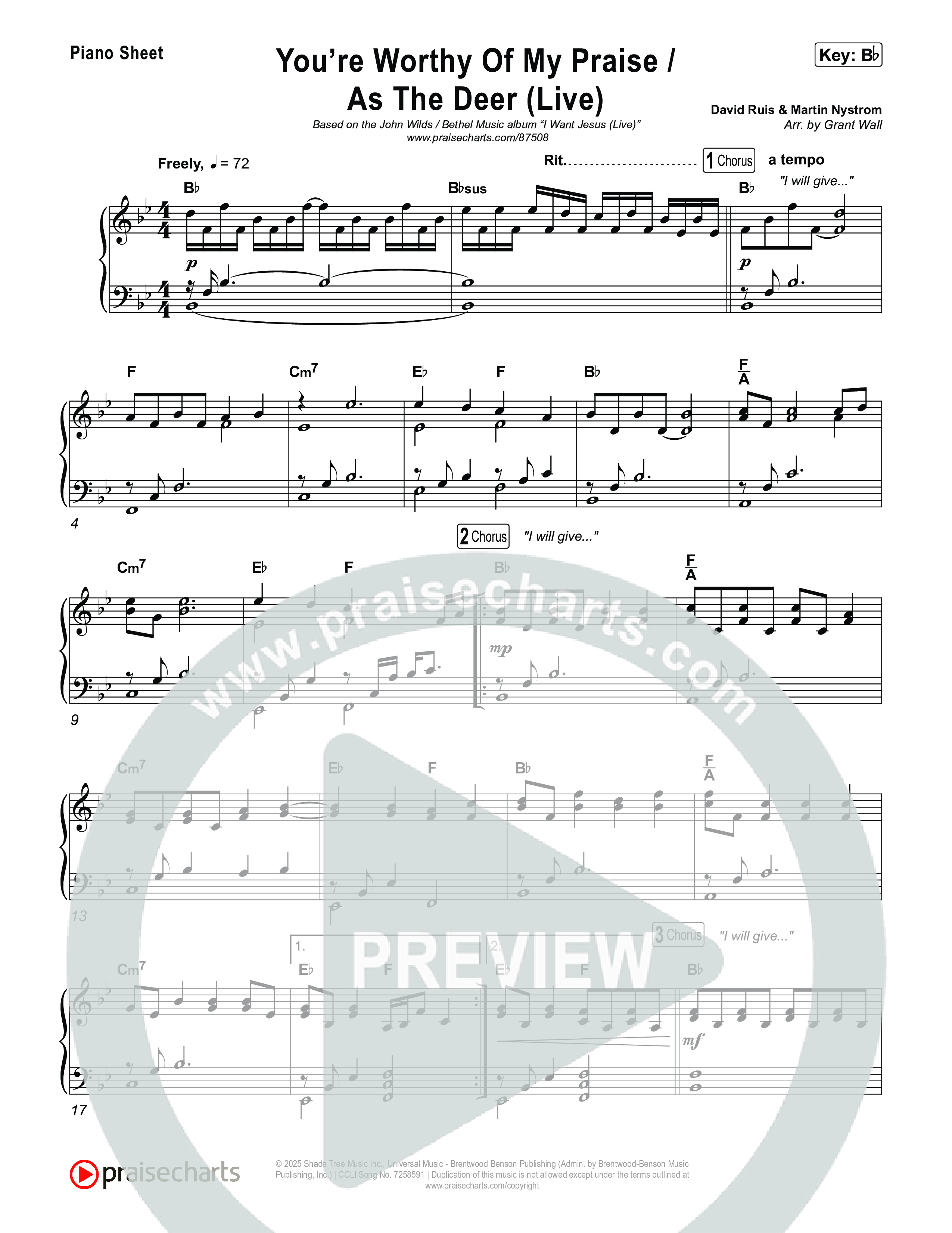 You're Worthy Of My Praise / As The Deer (Live) Piano Sheet (John Wilds / Bethel Music)