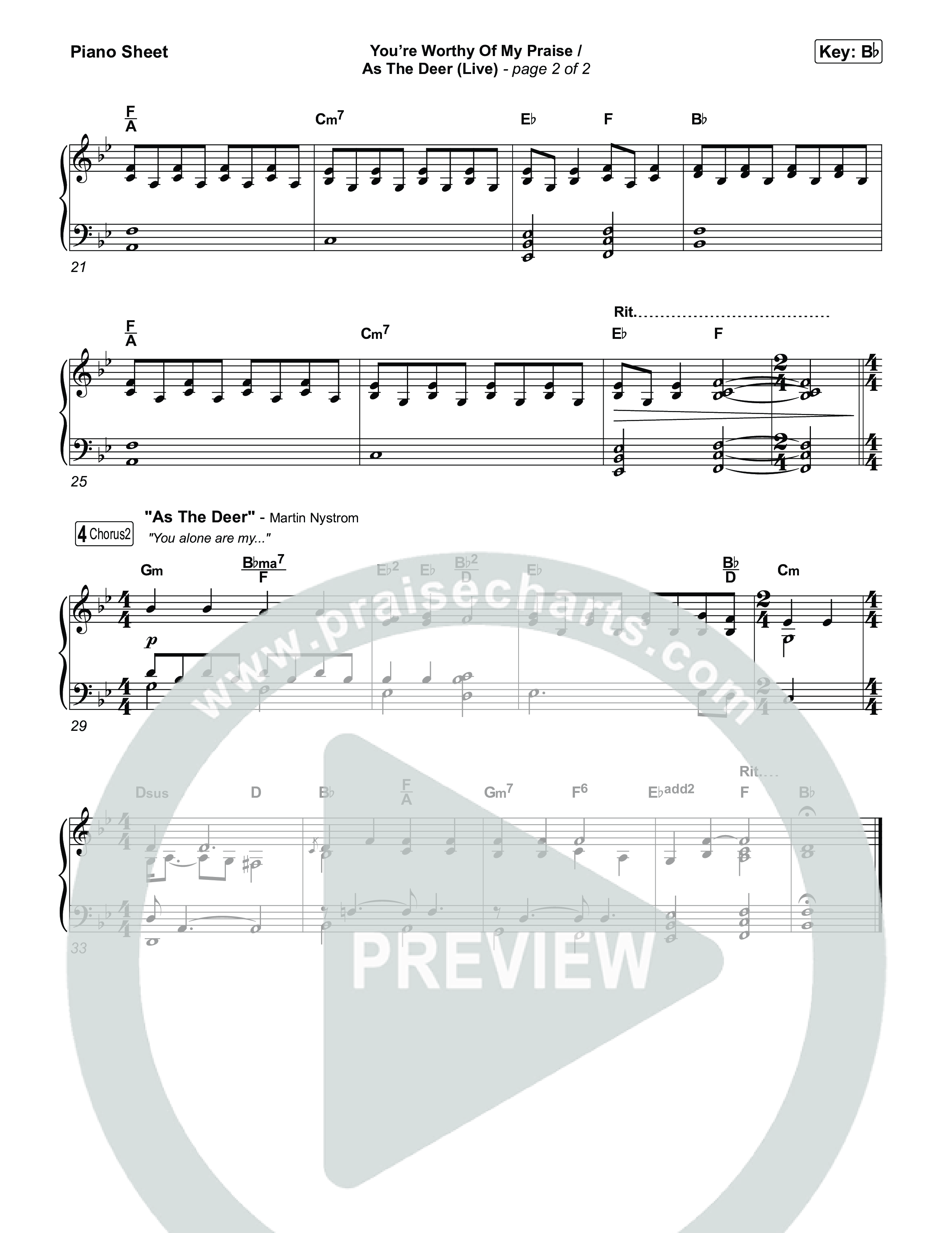 You're Worthy Of My Praise / As The Deer (Live) Piano Sheet (John Wilds / Bethel Music)