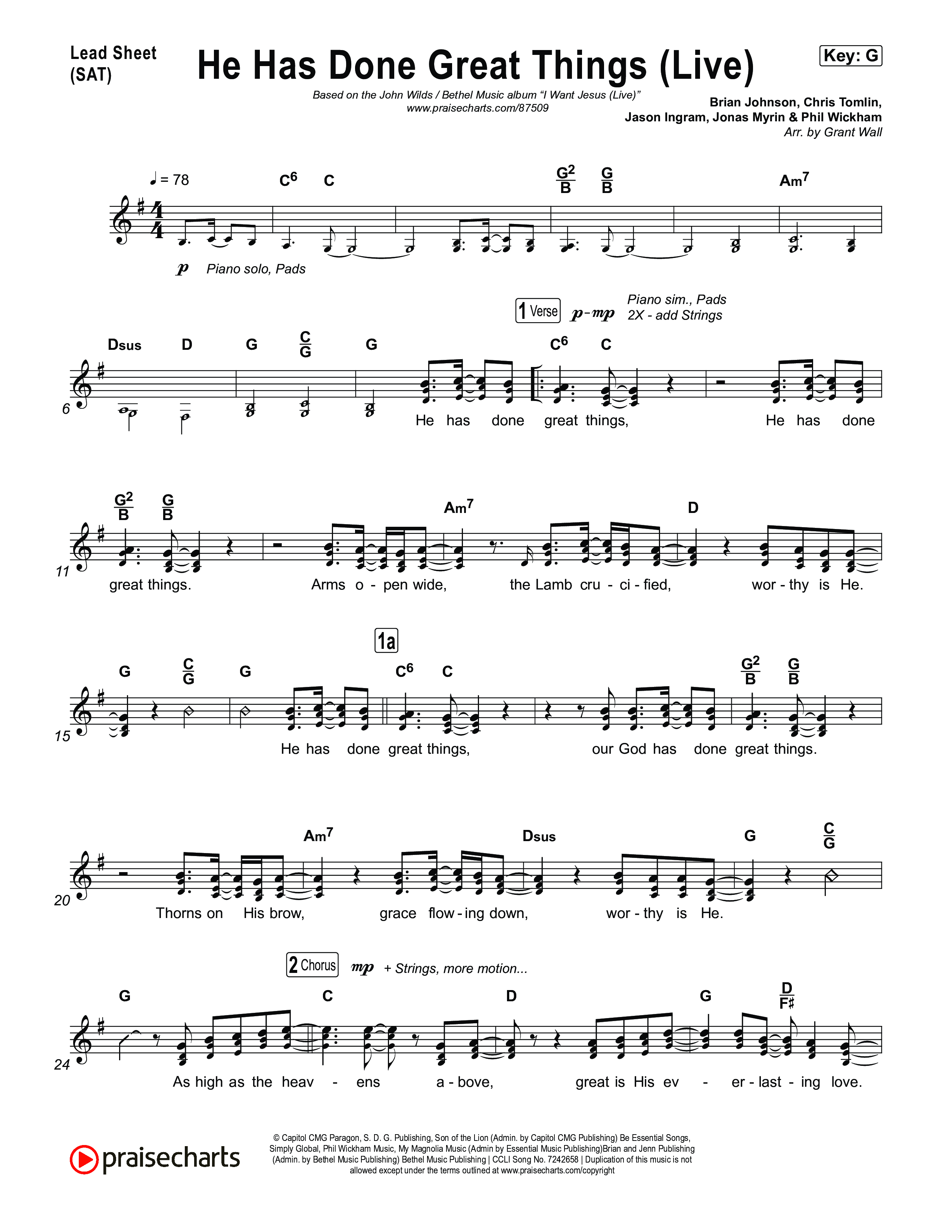 He Has Done Great Things (Live) Lead Sheet (SAT) (John Wilds / Bethel Music)