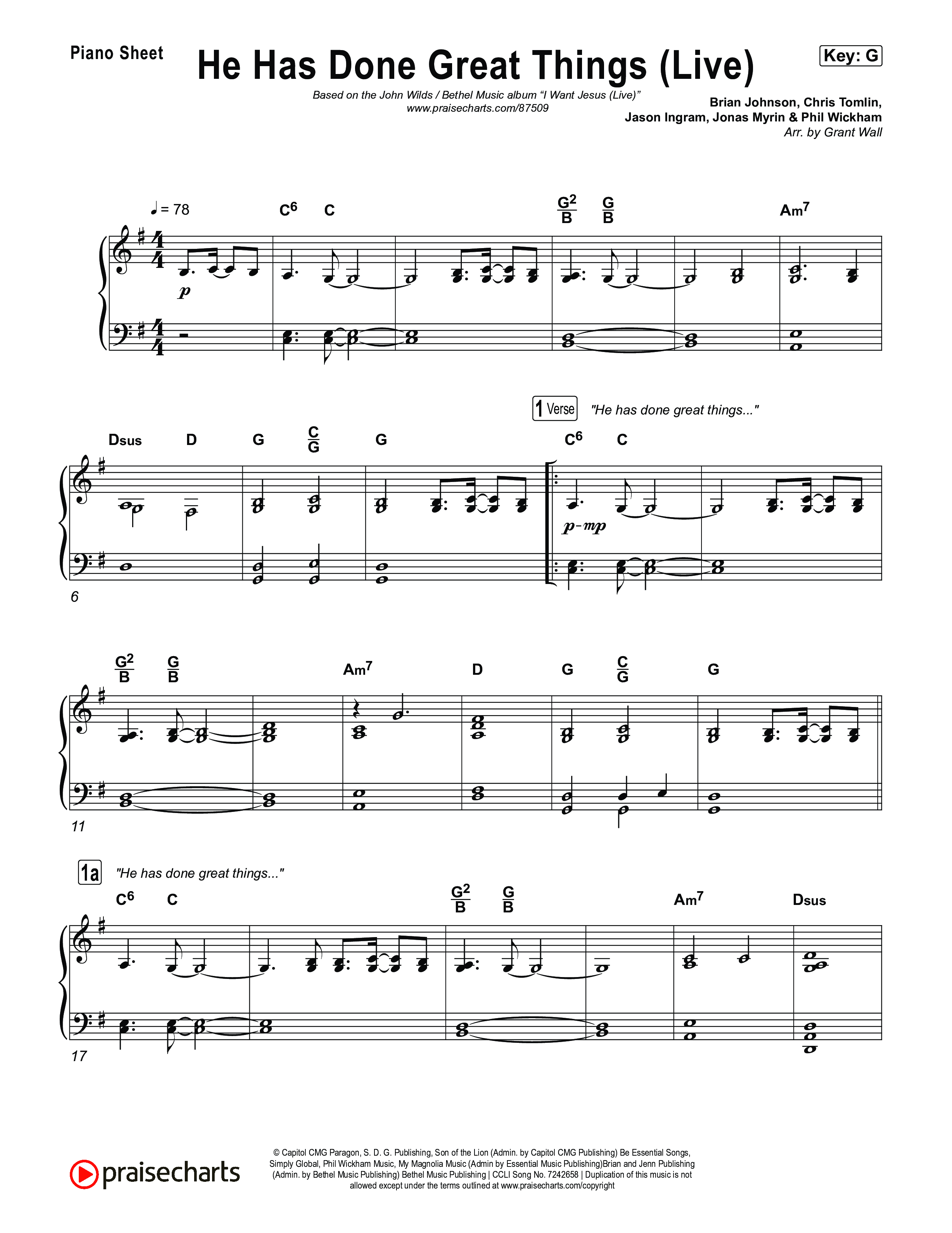 He Has Done Great Things (Live) Piano Sheet (John Wilds / Bethel Music)