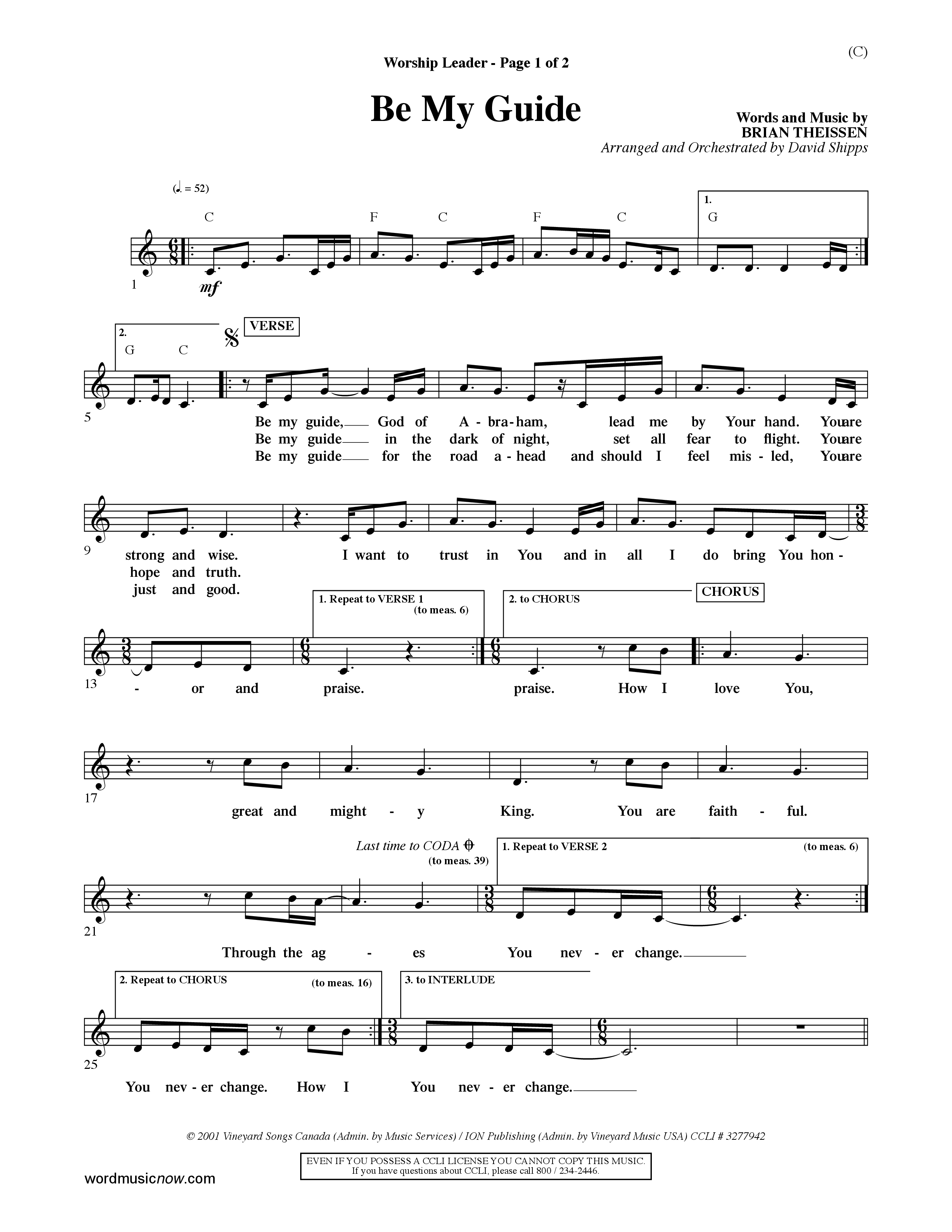 Be My Guide (Choral Anthem SATB) Lead Sheet (Mel) (Word Music Choral / Arr. David Shipps)