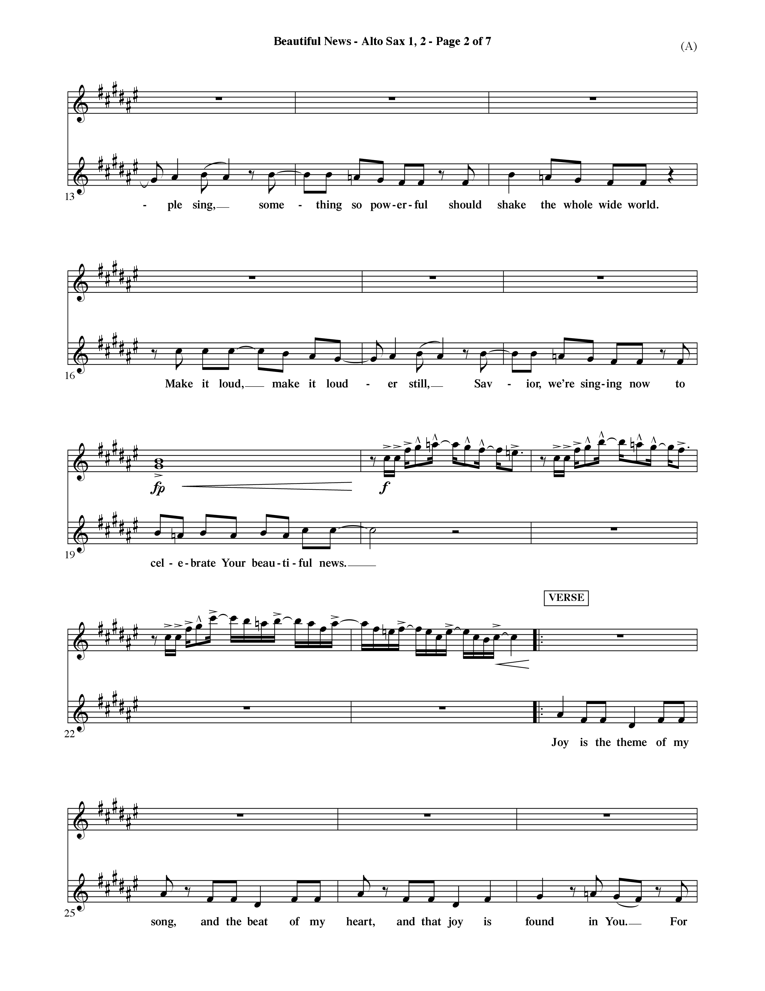 Beautiful News (Choral Anthem SATB) Alto Sax 1/2 (Word Music Choral / Orch. Ric Domenico)